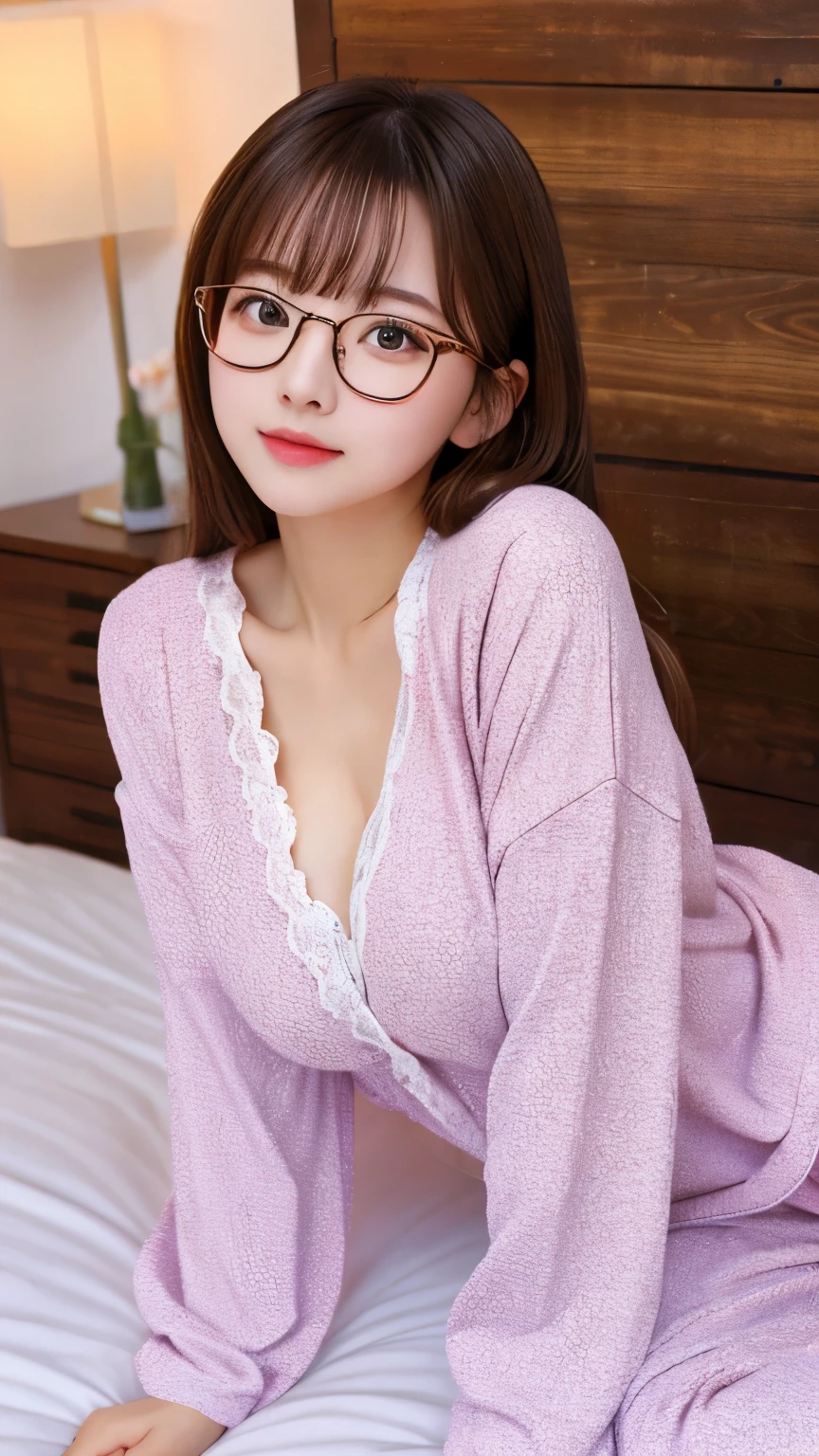 masterpiece、highest quality、Cute face, Realistic 8K, （Glasses）,（Lying in bed、Prone：1.2）、Light pajamas、Large Breasts、valley