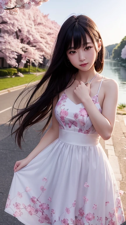 (logo、masterpiece、8k、Tabletop、RAWphotograph、wonderful、最high quality、フォトリアリスティックでVery detailedな CG 統合 8k 壁紙、high quality、Very detailed、Narrative poem、Particle Effects、Dynamic Effects、Written boundary depth、Cinematic Light、Lens flare、Ray Tracing)、Fantasy、 (1 beautiful woman、dress、dress、Cherry blossom pattern、Black-haired、Beautiful Face、True Face、Beautiful details、eye、Beautiful Skin)、髪がWindで踊る、Hair flutters in Wind、hair bounces、Pink cherry blossom tree、Petals fluttering、SakuraFubuki、wonderful景色、sunrise、Sun in the background、Wind、Complete reality、photograph