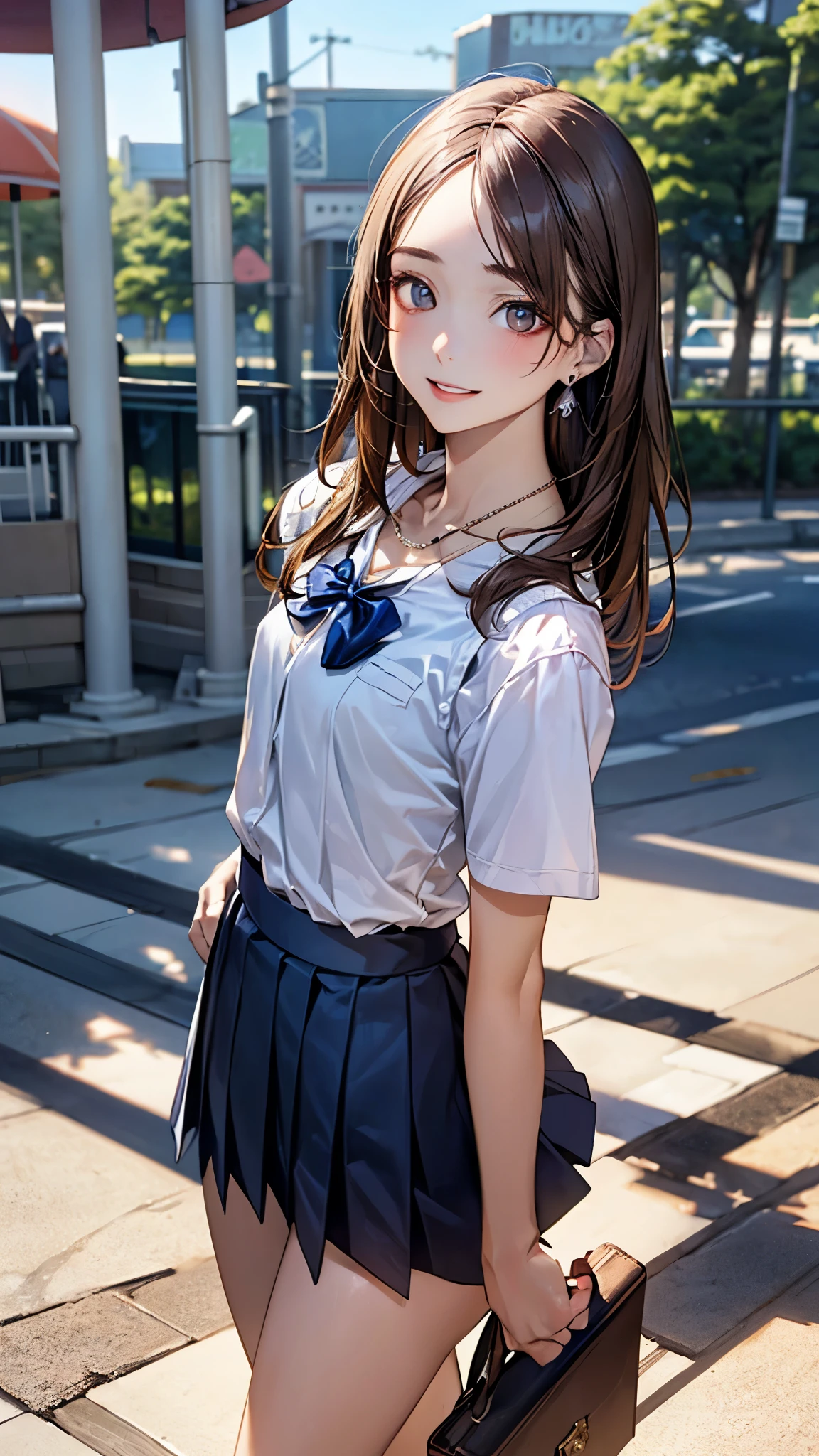 (masterpiece:1.2, top-quality), (realistic, photorealistic:1.4), beautiful illustration, (natural side lighting, movie lighting), nsfw,
beautiful detailed hair, beautiful detailed face, beautiful detailed eyes, beautiful clavicle, beautiful body, beautiful chest, beautiful thigh, beautiful legs, beautiful hands,
looking at viewer, 1 girl, japanese, high school girl, perfect face, cute and symmetrical face, shiny skin,
(long hair, straight hair, brown hair), forehead, gray eyes, slant eyes, big eyes, long eye lasher, (medium breasts), (small ass, thin thighs), slender, outstanding style,
(detailed cloth texture, short sleeve white collared shirt, navy school vest, navy pleated skirt, navy bow tie), earrings, necklace,
(beautiful scenery), amusement park, go-round, ferris wheel, (walking, skirt hold), (lovely smile, upper eyes, parted lips),