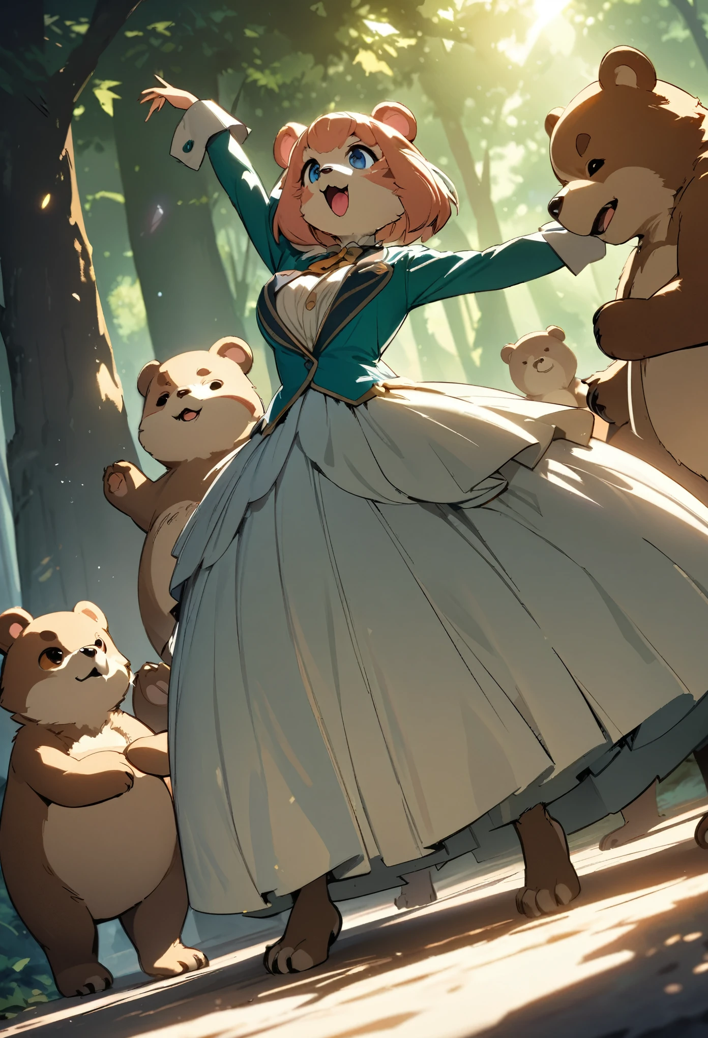 top quality, best quality, High-quality illustrations, masterpiece, super high resolution, detailed background, forest(super cute 1girl, bear, pair)singing, dancing, waltz, absurdres(highly detailed beautiful face and eyes)perfect anatomy, expression, good lighting, cinematic shadow(kemono, furry anthro)assorted poses, dynamic angle,