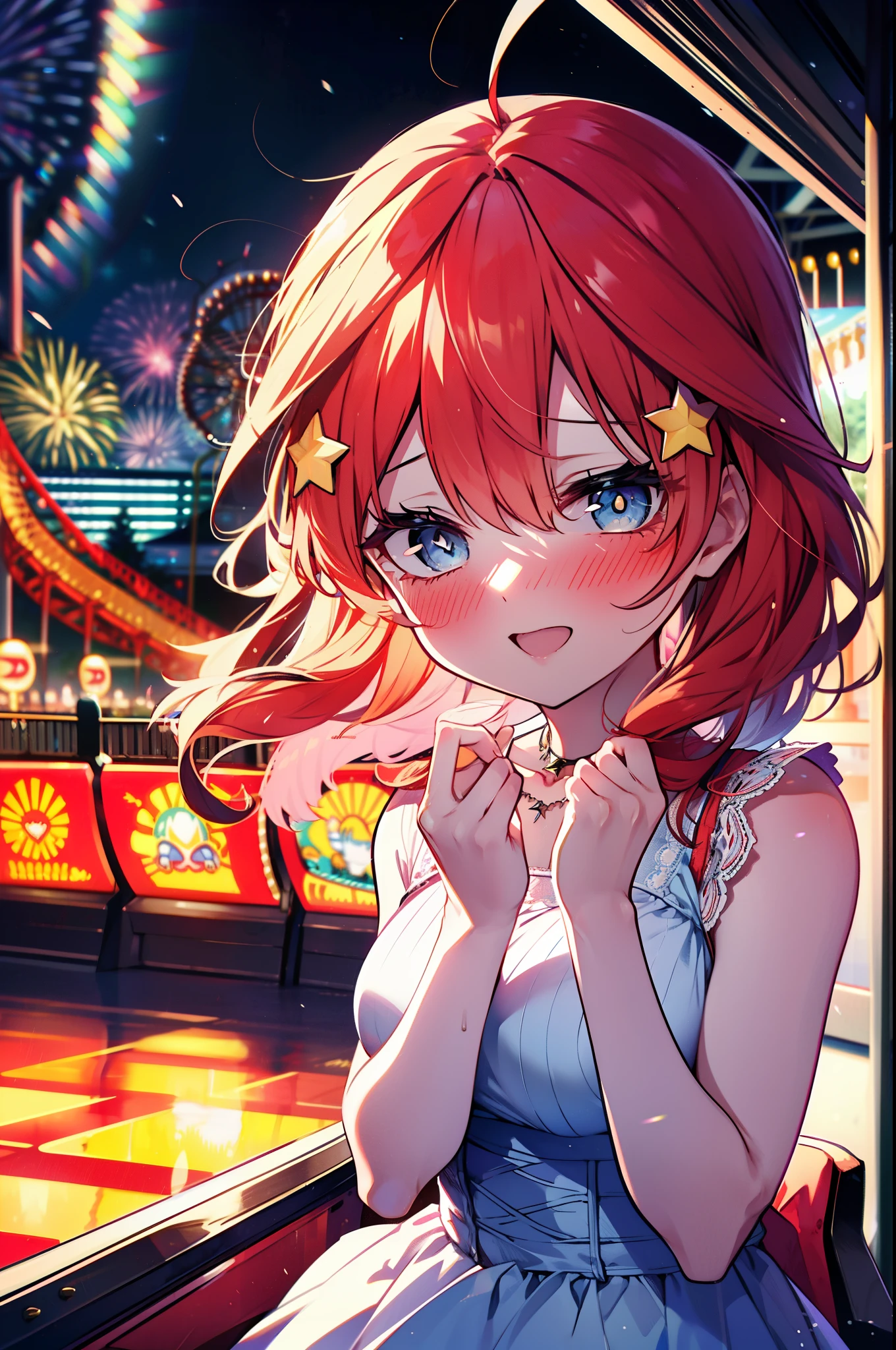 itsukinakano, Itsuki Nakano, bangs, blue eyes, Hair between the eyes, Ahoge, Redhead, star \(symbol\), hair ornaments, star hair ornaments,smile,blush,happy atmosphere,
(Great Laugh:1.1), (Open your mouth:1.1), Sun glare, Bokeh, Written boundary depth, blurred background, Particles of light, Strong winds, White long skirt integrated dress,Exposing shoulders,bare clavicle,Bare neck,Bare arms,Cute Sandals,slouch,Look up,night,moonlight,star,romantic,Heart Necklace,amusement park, roller coaster, carousel, Bumper Car, Ferris wheel, water park,firework,　　　　　　　　　　　　　 break looking at viewer, Upper Body, whole body,(Cowboy Shot:1. 3) 　　　　　　　　　　　　　　　break outdoors, amusement park　　　　　　　　　　　　break (masterpiece:1.2), highest quality, High resolution, unity 8k wallpaper, (shape:0.8), (Fine and beautiful eyes:1.6), Highly detailed face, Perfect lighting, Highly detailed CG, (Perfect hands, Perfect Anatomy),