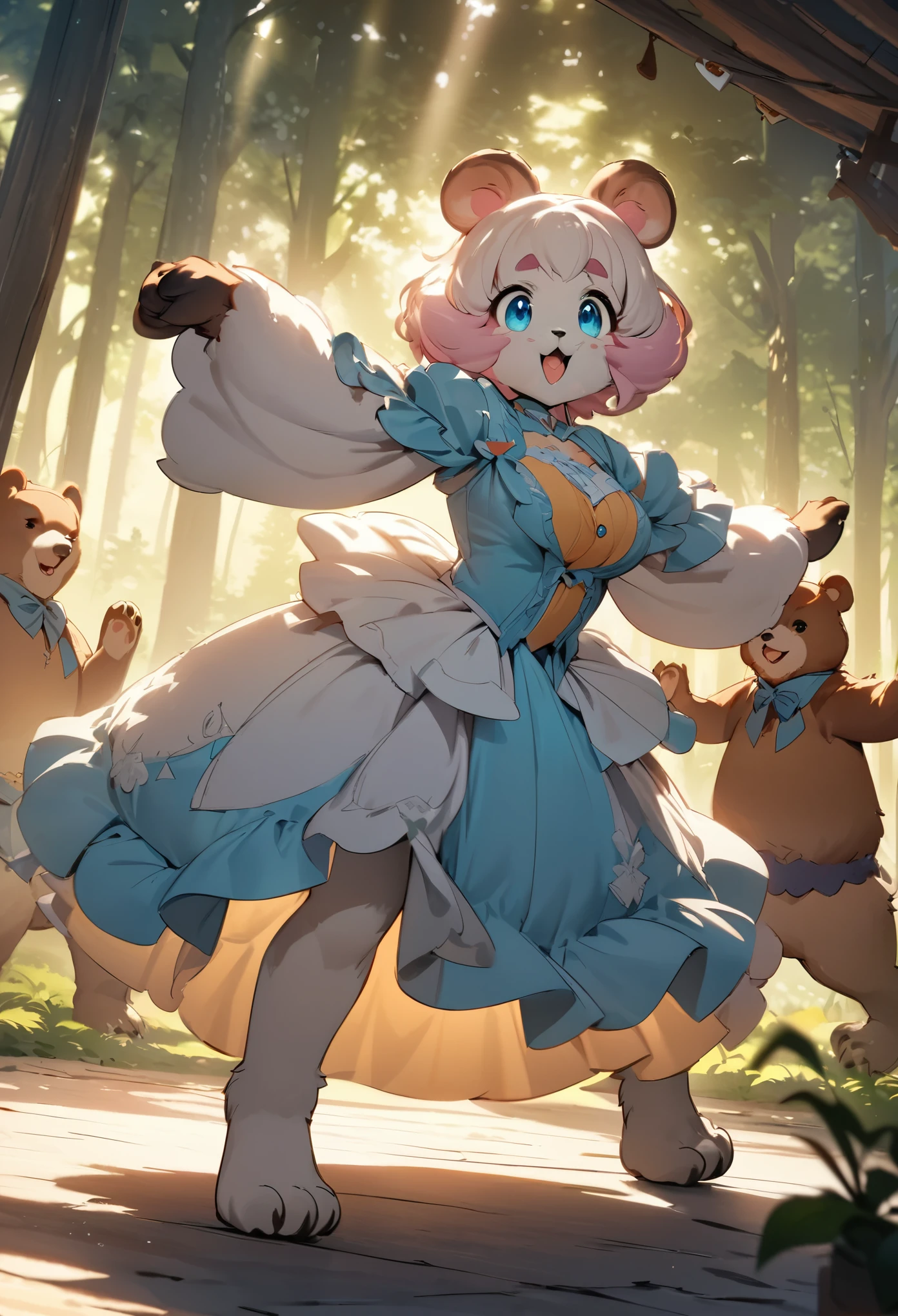 top quality, best quality, High-quality illustrations, masterpiece, super high resolution, detailed background, forest(super cute 1girl, bear, pair)singing, dancing, waltz, absurdres(highly detailed beautiful face and eyes)perfect anatomy, expression, good lighting, cinematic shadow(kemono, furry anthro)assorted poses, dynamic angle,