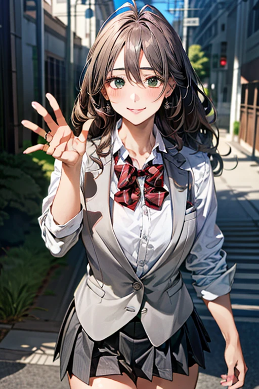 (masterpiece:1.3, top-quality, ultra high res, ultra detailed), (realistic, photorealistic:1.4), beautiful illustration, perfect lighting, natural lighting, colorful, depth of fields, surrealism,
beautiful detailed hair, beautiful detailed face, beautiful detailed eyes, beautiful clavicle, beautiful body, beautiful chest, beautiful thigh, beautiful legs, beautiful fingers,
looking at viewer, 1 girl, japanese, high school girl, (perfect anatomy, anatomically correct), cute and symmetrical face, babyface, perfect face, perfect eyes, shiny skin, slender,
(long hair:1.7, wavy hair:0.8, antenna hair, brown hair), hair between eyes, emerald green eyes, long eye lasher, (large breasts:0.8, seductive thighs),
((blue gray short blazer, light gray vest with button, light gray box pleated skirt, red bow tie)),
(beautiful scenery), summer, evening, (school), waving right hand, extremely sexy, (lovely smile, upper eyes),