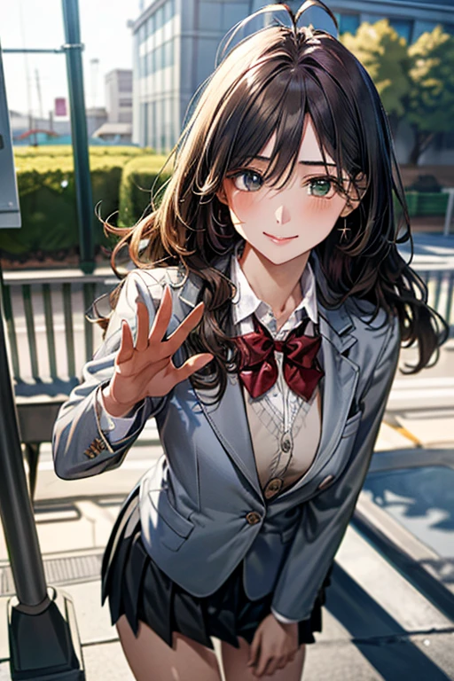 (masterpiece:1.3, top-quality, ultra high res, ultra detailed), (realistic, photorealistic:1.4), beautiful illustration, perfect lighting, natural lighting, colorful, depth of fields, surrealism,
beautiful detailed hair, beautiful detailed face, beautiful detailed eyes, beautiful clavicle, beautiful body, beautiful chest, beautiful thigh, beautiful legs, beautiful fingers,
looking at viewer, 1 girl, japanese, high school girl, (perfect anatomy, anatomically correct), cute and symmetrical face, babyface, perfect face, perfect eyes, shiny skin, slender,
(long hair:1.7, wavy hair:0.8, antenna hair, brown hair), hair between eyes, emerald green eyes, long eye lasher, (large breasts:0.8, seductive thighs),
((blue gray short blazer, light gray vest with button, light gray box pleated skirt, red bow tie)),
(beautiful scenery), summer, evening, (school), waving right hand, extremely sexy, (lovely smile, upper eyes),