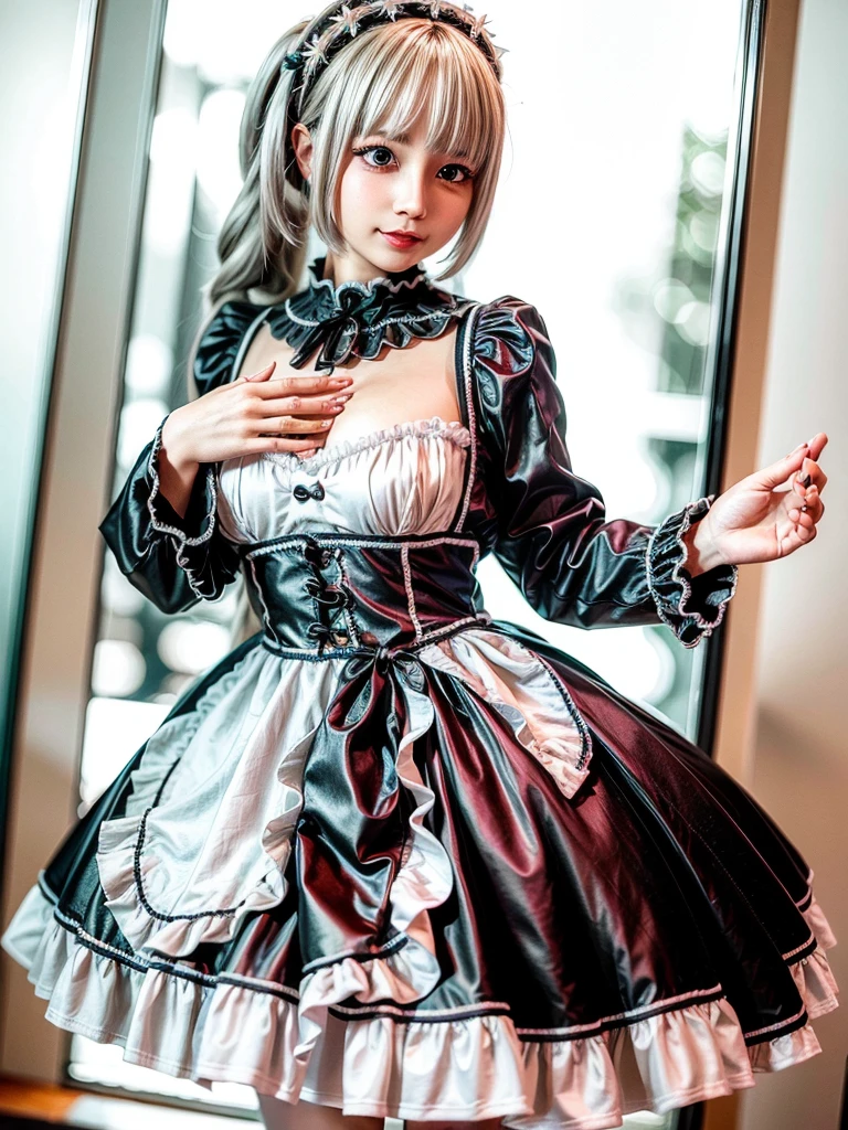 (8K, Photorealistic, Raw photo, of the highest quality: 1.3), (1girl in), Super beautiful, (Realistic face), (boyish, Silver Color Berry Shorthair), Beautiful , Glare that captivates the viewer, Beautiful expression, Beautiful breasts, (Realistic skin), Be...Super high quality, super high definition, super detailed, masterpiece, 20years old, female, cute, perfect face, beautiful, nice body, gothic lolita clothes, gothic lolita fashion, frilly skirt, headdress, necklace, bracelet, knee-high socks, boots, double eyelids, tear bags, Detailed down to the fingers, photo-like description, indoors, dim indoor lighting, big breasts, blonde hair, semi long, standing, whole body, composition that shows the whole body, smiling,Optimal ratio of 4 fingers and 1 thumb