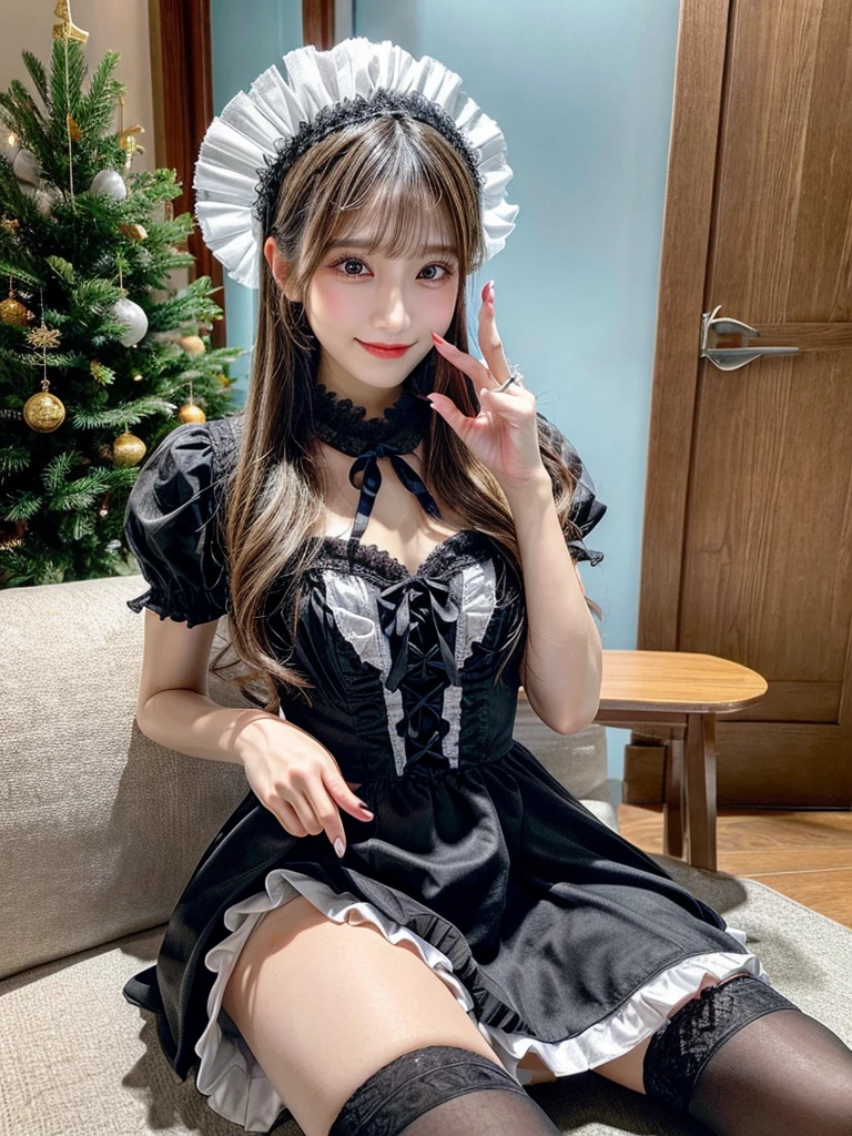 (8K, Photorealistic, Raw photo, of the highest quality: 1.3), (1girl in), Super beautiful, (Realistic face), (boyish, Silver Color Berry Shorthair), Beautiful , Glare that captivates the viewer, Beautiful expression, Beautiful breasts, (Realistic skin), Be...Super high quality, super high definition, super detailed, masterpiece, 20years old, female, cute, perfect face, beautiful, nice body, gothic lolita clothes, gothic lolita fashion, frilly skirt, headdress, necklace, bracelet, knee-high socks, boots, double eyelids, tear bags, Detailed down to the fingers, photo-like description, indoors, dim indoor lighting, blonde hair,semi long  straight hair , standing, whole body, composition that shows the whole body, smiling, cute posing,Optimal ratio of 4 fingers and 1 thumb
