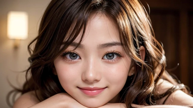 Studio Lighting, Depth of Field, Upper Body, slim, Cute face, Smile, Beautiful detailed eyes, 19 years old Japanese, beautiful, fluffy curls,Warm gold, square, casual