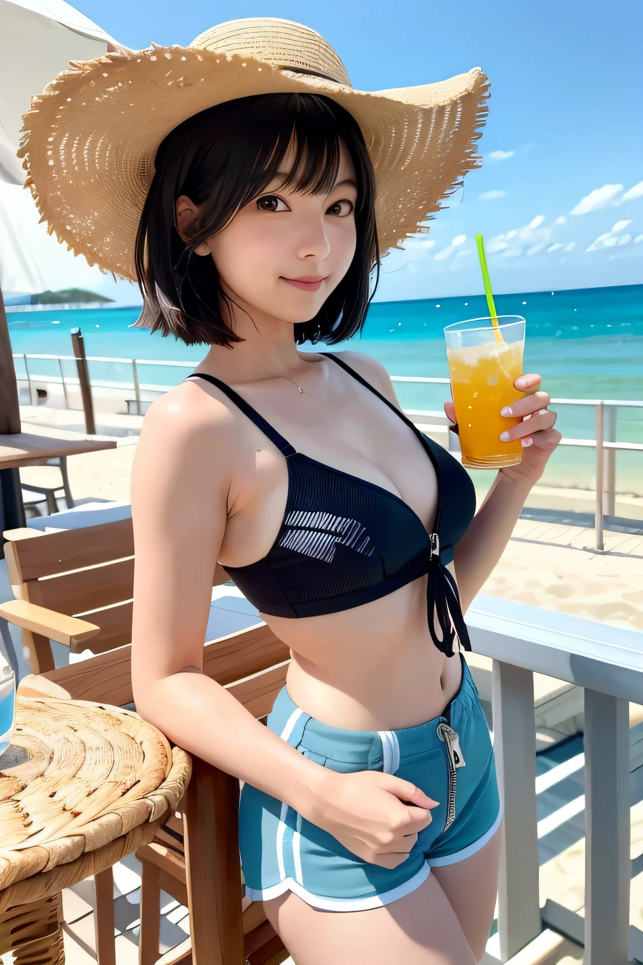 (High Definition), One Girl, Japan Person, Cute, Black hair short, Wearing front zipper bra-top Chevron-pattern, Tie Front Track Shorts multi color light blue, Big straw Hat, leaning Side table, splashing, Walking on Board walk at Beach Side, looking side glance, show woman shape, flat chest, a glass of drink on a table, Natural lighting