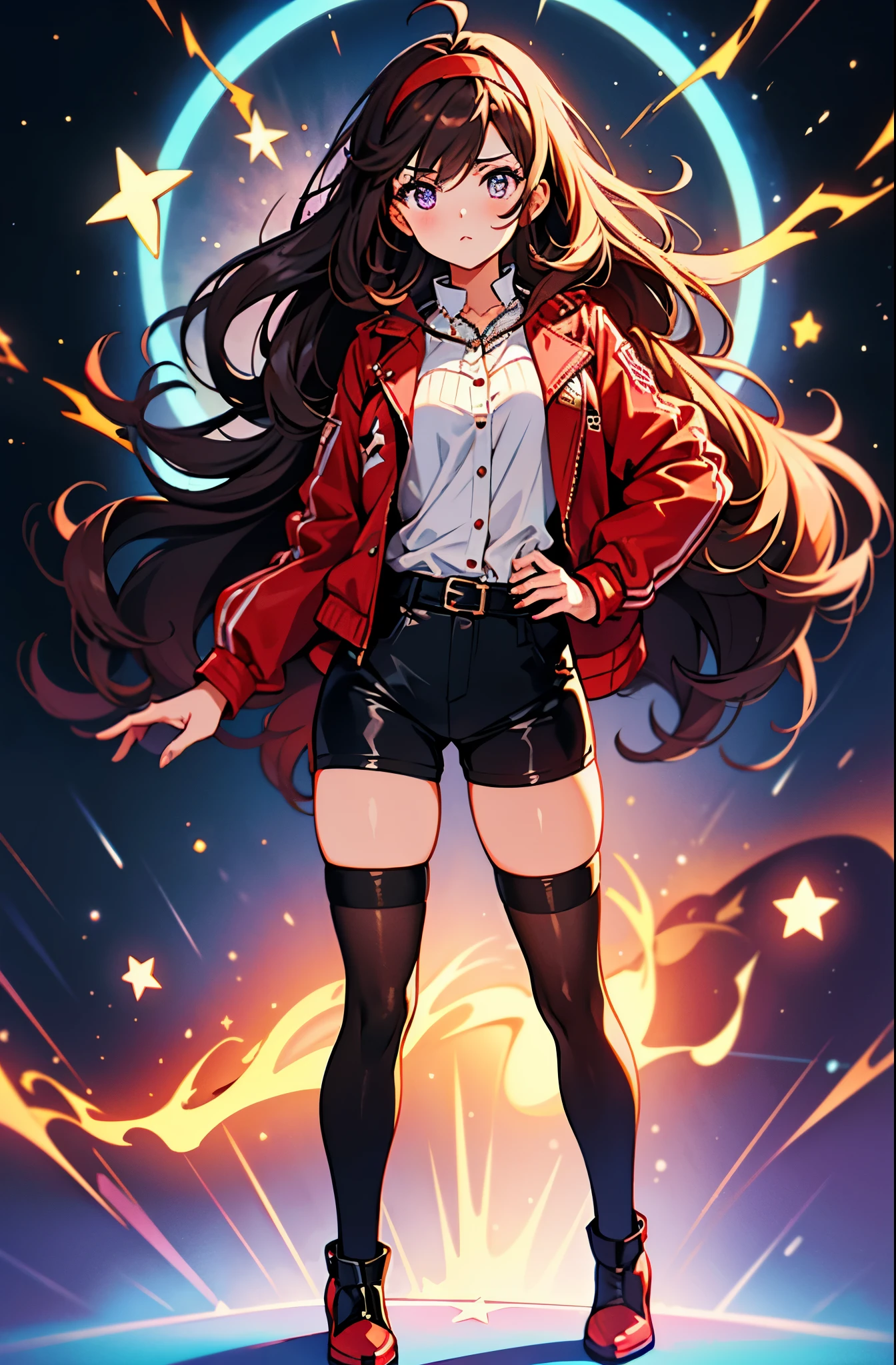 Woman with brown eyes, age 21 (medium hair, dark brown hair, wavy hair, red hairband), ahoge, ((white blouse with black stars, vest, jacket, opened jacket, red jacket with stars)), ((black bike shorts, bare legs)), ((black thigh highs, high-heel shoes)), purple stellar energy around, cosmic power, cosmic shining power. purple eyes, beautiful detailed eyes, beautiful detailed face, cute face, perfect hands, complete fingers, perfect anatomy, perfect proportions. (casting a spell). full body costume design, full body, cowboy shot.