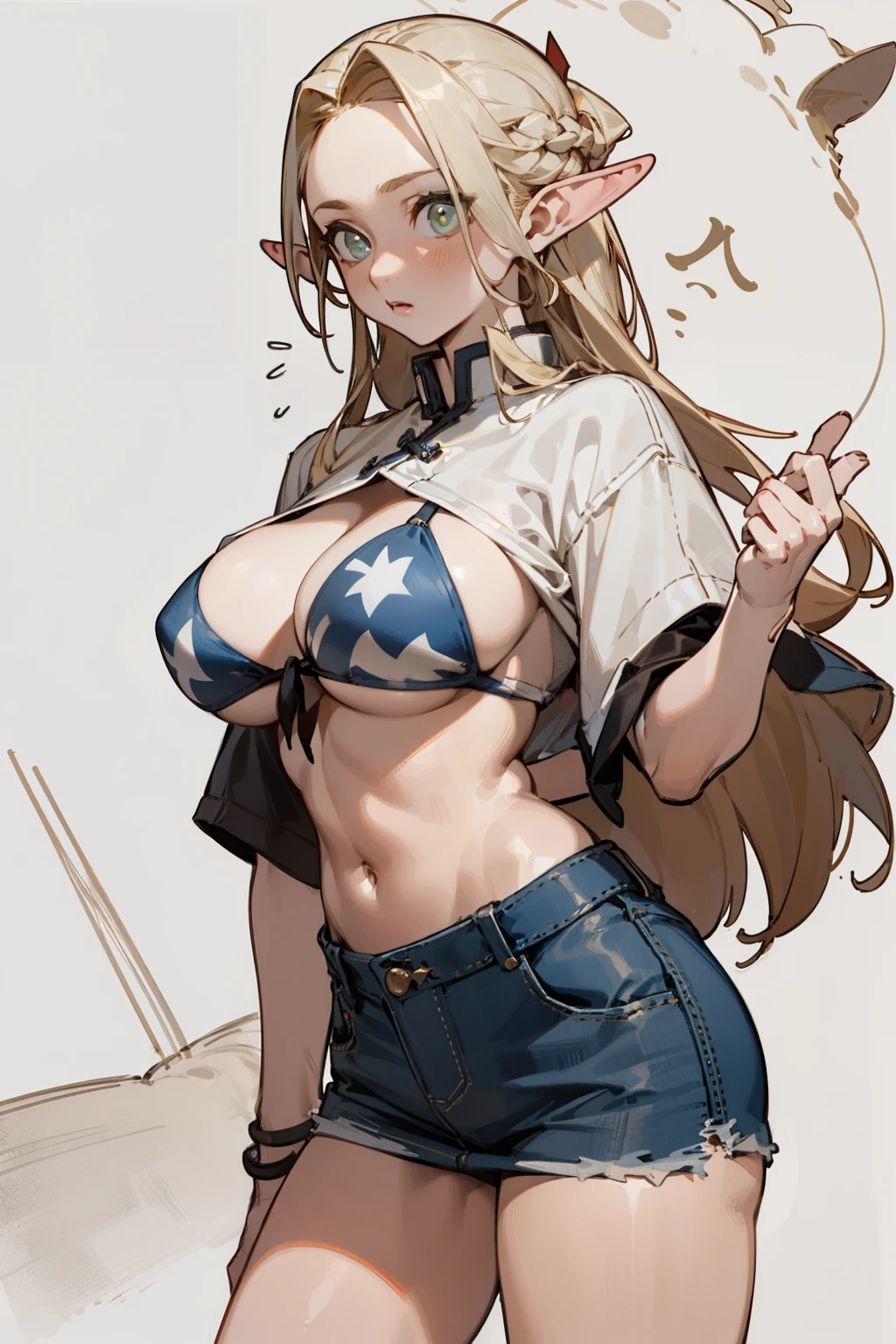 (masterpiece, best quality) detailed,silver accessories , Blonde ,elegant, Pointed ears ，Chinese element pattern，Wear a white shirt and denim skirt,ripped cropped T-shirt,Navel exposed, big breasts，bikini