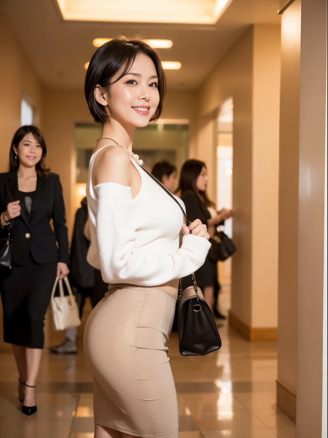 (RAW Photos:1.2), (Realistic:1.4),Beautiful detailed woman,非常にBeautiful Eyesと顔, Beautiful Eyes, Very detailed,High resolution, Very detailed,highest quality,Awareness-raising,Unified,8k wallpaper,masterpiece,highest quality,1 female,alone,rich,Whole Body Ezbian,(A little chubby:0.9),Toned figure,There'Foot meat,Narrow waist,alone,(Beige knit suit:1.4),(Black pencil skirt:1.5),(Black high heels)、(pantyhose:1.3),Pearl Necklace:1.2, Short black hair、A kind smile,dignified atmosphere,black eye,Realistic,A large, modern station , (Morning station:1.1)、(36 years old、Japanese)、(Going to work:1.2)、(The viewer is looking at her from the side.:1.5)、(She is walking:1.2)、(Full body photo:1.3)、Shoulder bag、