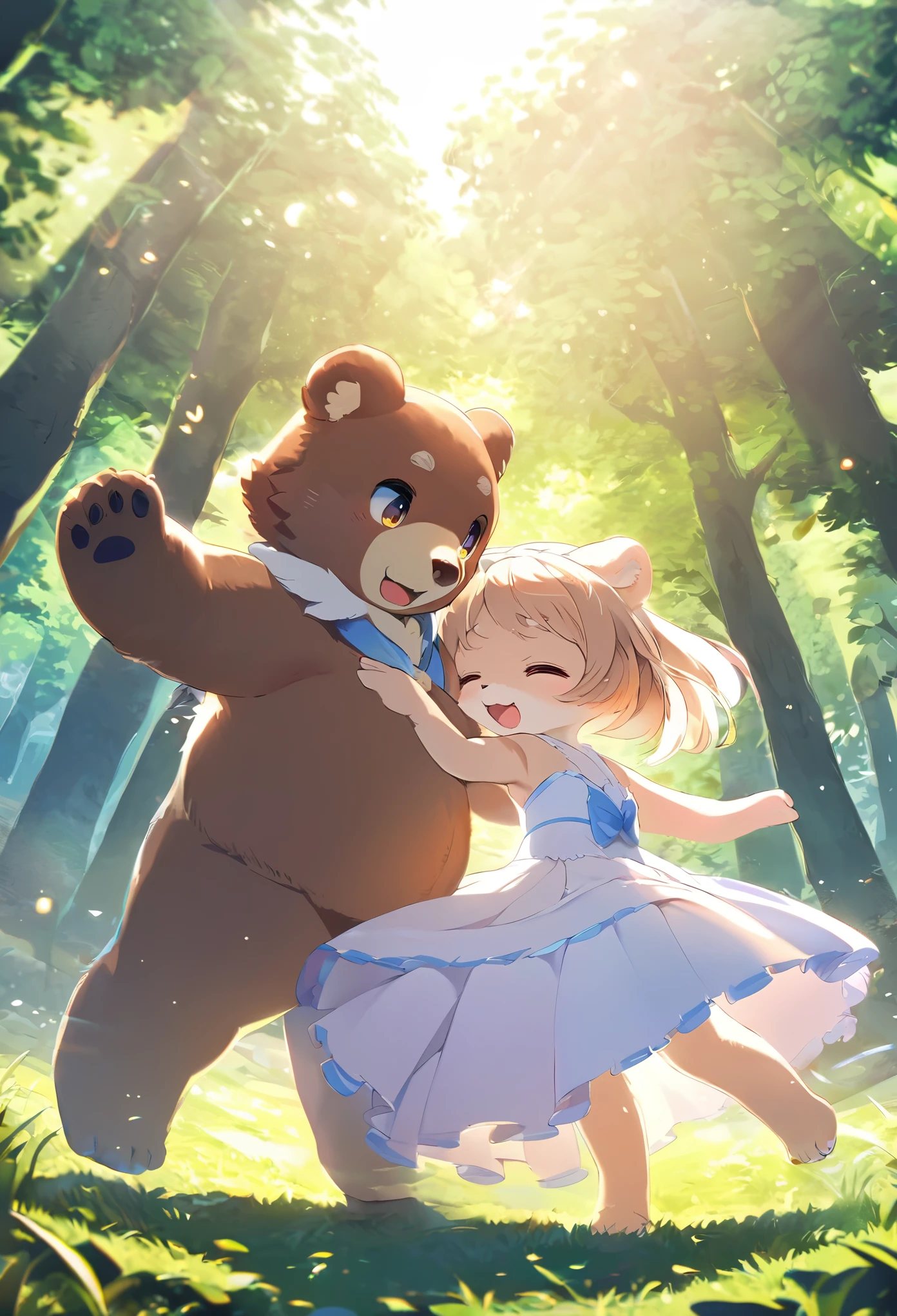 top quality, best quality, High-quality illustrations, masterpiece, super high resolution, detailed background, forest(super cute 1girl, bear, pair)singing, dancing, waltz, absurdres(highly detailed beautiful face and eyes)perfect anatomy, good lighting, cinematic shadow(kemono, furry anthro)dynamic angle,