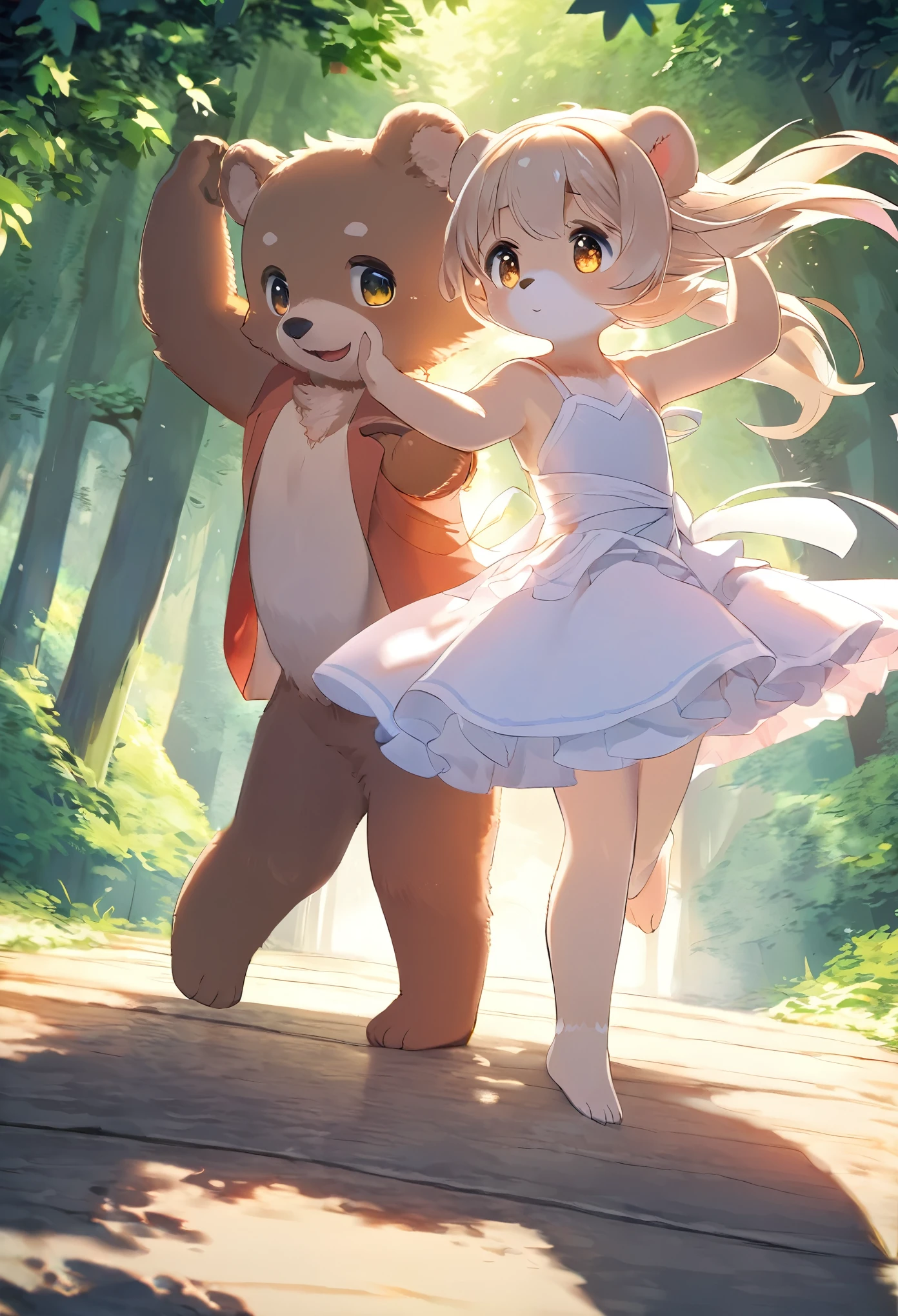 top quality, best quality, High-quality illustrations, masterpiece, super high resolution, detailed background, forest(super cute 1girl, bear, pair)singing, dancing, waltz, absurdres(highly detailed beautiful face and eyes)perfect anatomy, good lighting, cinematic shadow(kemono, furry anthro)dynamic angle,