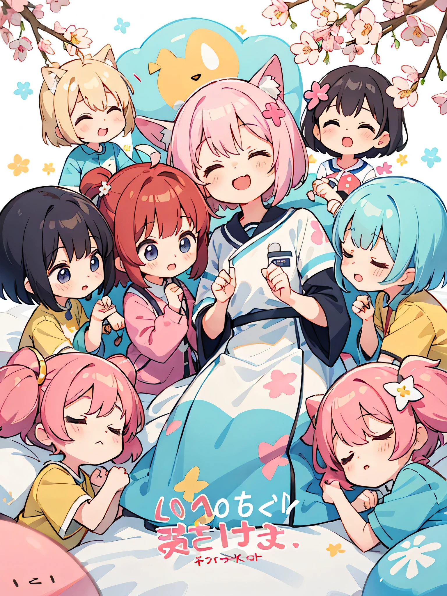 Momoko Sakura style, Kawaii Design, (((10 people)))、most beautiful girl ever、Chibi, Colorful bob hair、((Lots of friends))、Taking a nap together、hospital bed