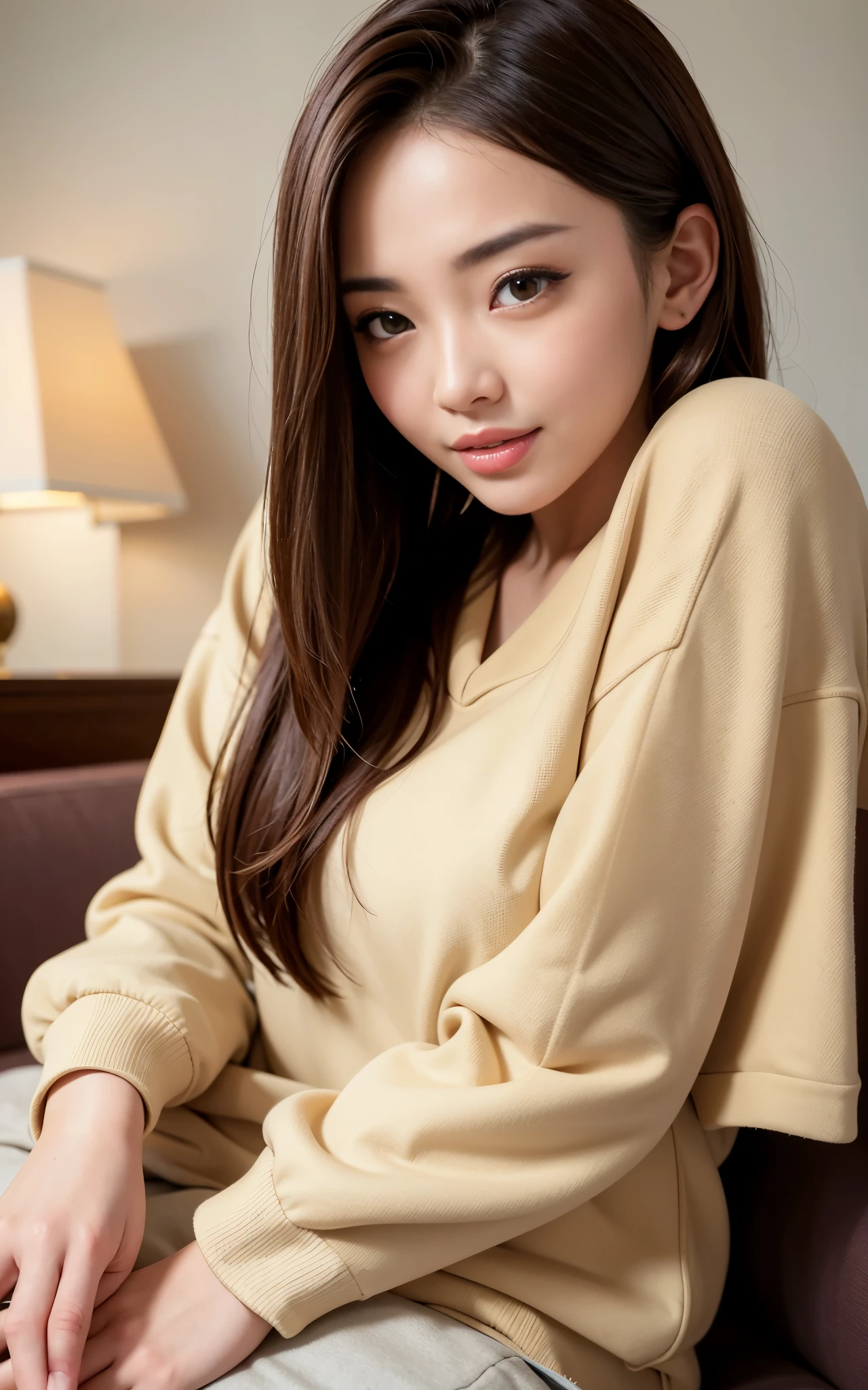 highest quality, figure, Ultra-detailed, finely, High resolution, 8K Wallpaper, 完璧なダイナミックな構figure, Beautiful Skin, (Big Eyes), 20 year old beautiful girl, Natural color lip, (Sexy pose), Mid chest, smile, Highly detailed face and skin texture, Detailed eyes, Double eyelid,leaking teeth and laughing, close-up, from side, medium brown hair, (Beige sweatshirt:1.2), Beautiful hotel lobby