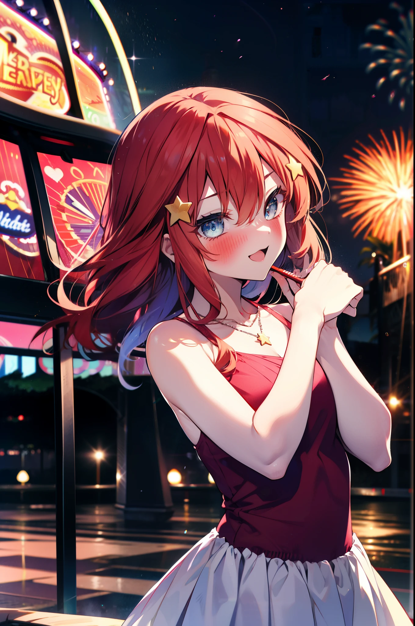 itsukinakano, Itsuki Nakano, bangs, blue eyes, Hair between the eyes, Ahoge, Redhead, star \(symbol\), hair ornaments, star hair ornaments,smile,blush,happy atmosphere,
(Great Laugh:1.1), (Open your mouth:1.1), Sun glare, Bokeh, Written boundary depth, blurred background, Particles of light, Strong winds, White long skirt integrated dress,Exposing shoulders,bare clavicle,Bare neck,Bare arms,Cute Sandals,slouch,Look up,night,moonlight,star,romantic,Heart Necklace,amusement park, roller coaster, carousel, Bumper Car, Ferris wheel, water park,firework, break looking at viewer, Upper Body, whole body,(Cowboy Shot:1. 3) break outdoors, amusement park break (masterpiece:1.2), highest quality, High resolution, unity 8k wallpaper, (shape:0.8), (Fine and beautiful eyes:1.6), Highly detailed face, Perfect lighting, Highly detailed CG, (Perfect hands, Perfect Anatomy),