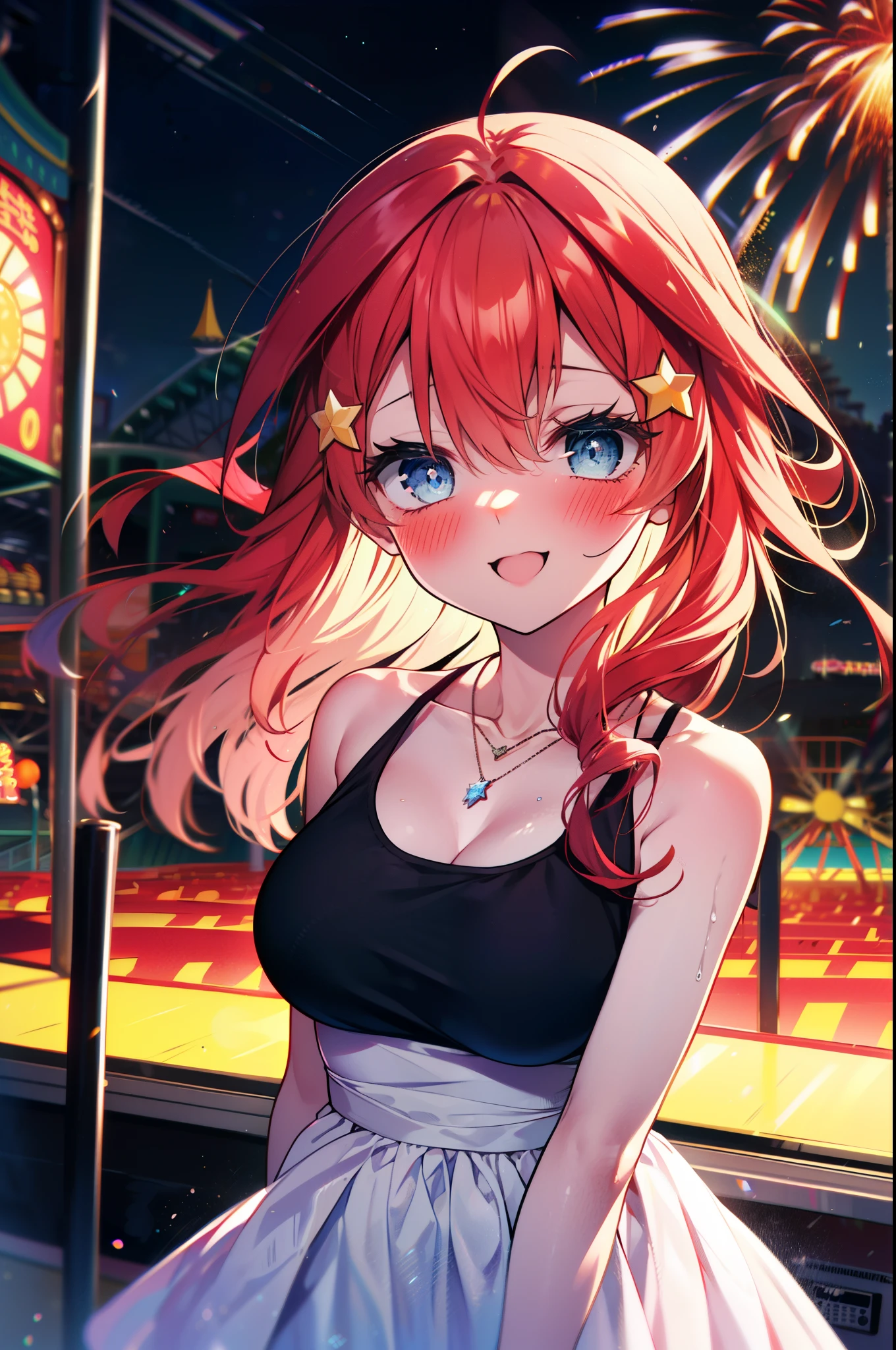 itsukinakano, Itsuki Nakano, bangs, blue eyes, Hair between the eyes, Ahoge, Redhead, star \(symbol\), hair ornaments, star hair ornaments,smile,blush,happy atmosphere,
(Great Laugh:1.1), (Open your mouth:1.1), Sun glare, Bokeh, Written boundary depth, blurred background, Particles of light, Strong winds, White long skirt integrated dress,Exposing shoulders,bare clavicle,Bare neck,Bare arms,Cute Sandals,slouch,Look up,night,moonlight,star,romantic,Heart Necklace,amusement park, roller coaster, carousel, Bumper Car, Ferris wheel, water park,firework,　　　　　　　　　　　　　 break looking at viewer, Upper Body, whole body,(Cowboy Shot:1. 3) 　　　　　　　　　　　　　　　break outdoors, amusement park　　　　　　　　　　　　break (masterpiece:1.2), highest quality, High resolution, unity 8k wallpaper, (shape:0.8), (Fine and beautiful eyes:1.6), Highly detailed face, Perfect lighting, Highly detailed CG, (Perfect hands, Perfect Anatomy),