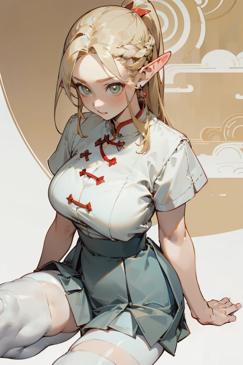 (masterpiece, best quality) detailed, Wearing white tights, silver accessories ,, Blonde ,elegant, Pointed ears ,Chinese element pattern,thigh,漏出thigh,White shirt,White pleated skirt,big breasts