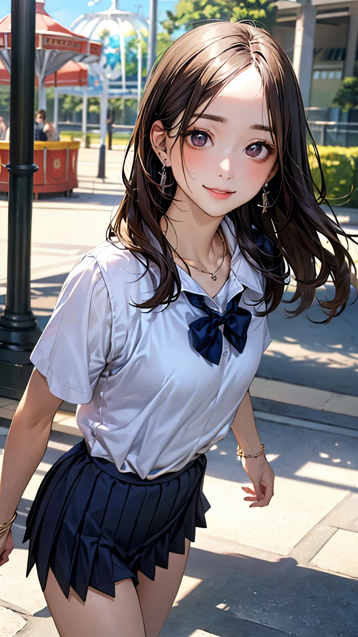 (masterpiece:1.2, top-quality), (realistic, photorealistic:1.4), beautiful illustration, (natural side lighting, movie lighting), nsfw,
beautiful detailed hair, beautiful detailed face, beautiful detailed eyes, beautiful clavicle, beautiful body, beautiful chest, beautiful thigh, beautiful legs, beautiful hands,
looking at viewer, 1 girl, japanese, high school girl, perfect face, cute and symmetrical face, shiny skin,
(long hair, straight hair, brown hair), forehead, gray eyes, slant eyes, big eyes, long eye lasher, (medium breasts), (small ass, thin thighs), slender, outstanding style,
(detailed cloth texture, short sleeve white collared shirt, navy school vest, navy pleated skirt, navy bow tie), earrings, necklace,
(beautiful scenery), amusement park, go-round, ferris wheel, (walking, skirt hold), (lovely smile, upper eyes),