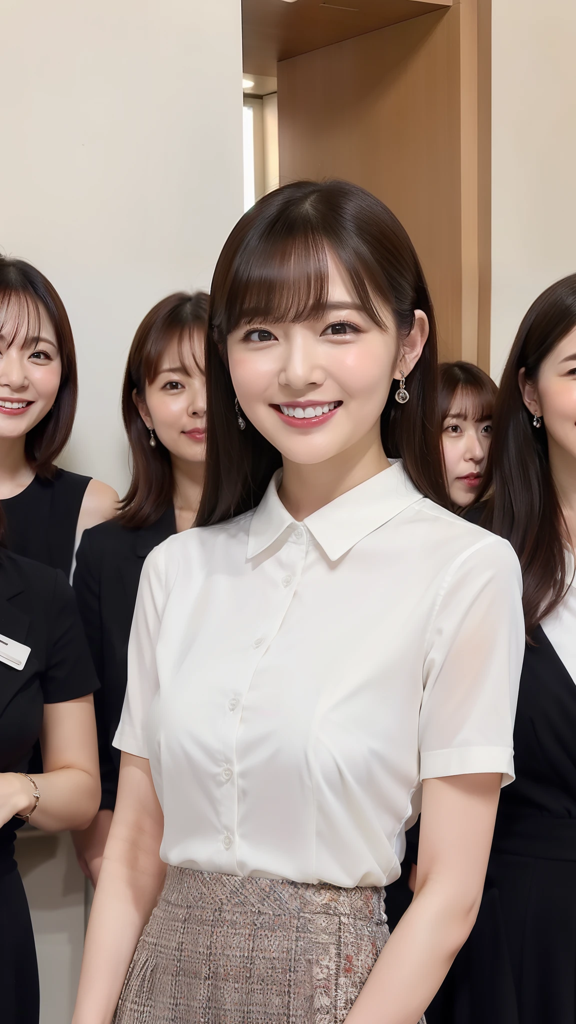 ((highest quality, 8k, Representative works in detail, Ultra-high resolution)), (Group photo), (Looking at the audience), (Mid Shot:), Five attractive businesswomen,Five women, A little chubby:0.25, white short sleeve collared shirt, Grey tight skirt, Short skirt(officeの机にあぐらをかいて座っている)), smile, office、