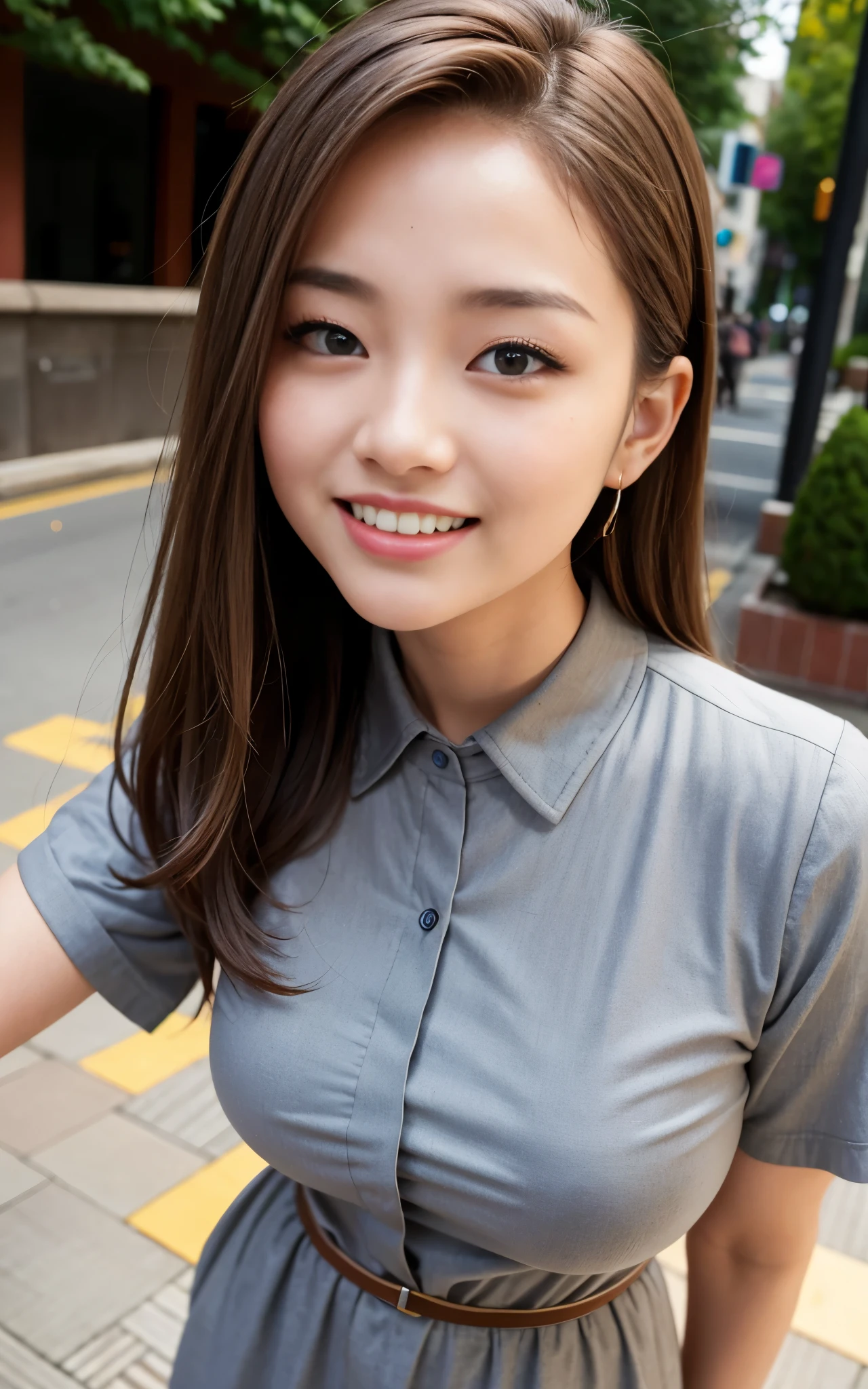 highest quality, figure, Ultra-detailed, finely, High resolution, 8K Wallpaper, 完璧なダイナミックな構figure, Beautiful Skin, (Big Eyes), 20 year old beautiful girl, Natural color lip, (Sexy pose), Mid chest, smile, Highly detailed face and skin texture, Detailed eyes, Double eyelid,leaking teeth and laughing, close-up, Brown bob hair, (Grey dress shirt:1.2), In town