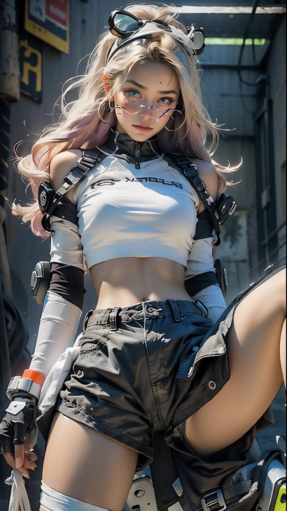 Female body definition thick thighs cybernetic body parts, Shorts, Main color is white,Spread your legs,Wide-open legs