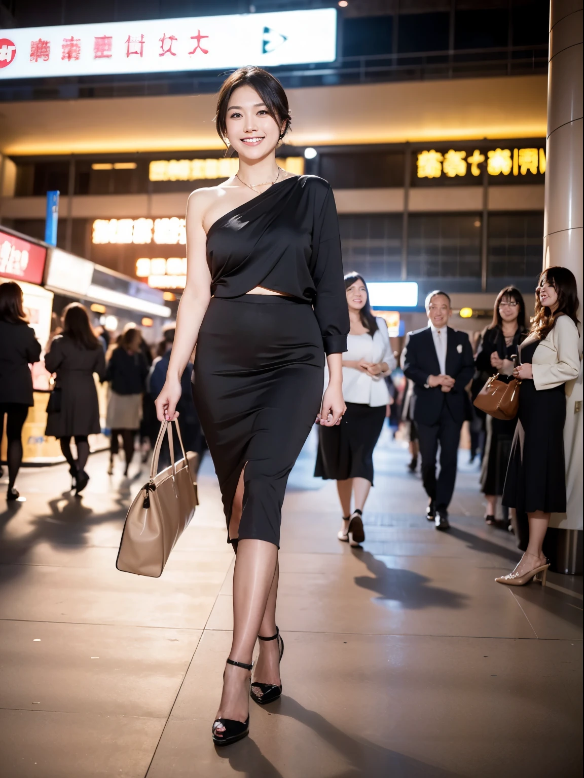 (RAW Photos:1.2), (Realistic:1.4),Beautiful detailed woman,非常にBeautiful Eyesと顔, Beautiful Eyes, Very detailed,High resolution, Very detailed,highest quality,Awareness-raising,Unified,8k wallpaper,masterpiece,highest quality,1 female,alone,rich,Whole Body Ezbian,（A little chubby:0.9),Toned figure,There&#39;Foot meat,Narrow waist,alone,（Beige knit suit:1.4),(Black pencil skirt:1.5）,（Black high heels）、（pantyhose：1.3）,Pearl Necklace：1.2， Short black hair、A kind smile,dignified atmosphere,black eye,Realistic,（Shinjuku station：1.3） , (Morning station:1.1)、（36 years old、Japanese）、（Going to work：1.2）、（The viewer is looking at her from the side.：1.5）、（She is walking：1.2）、（Full body photo：1.3）、Shoulder bag、