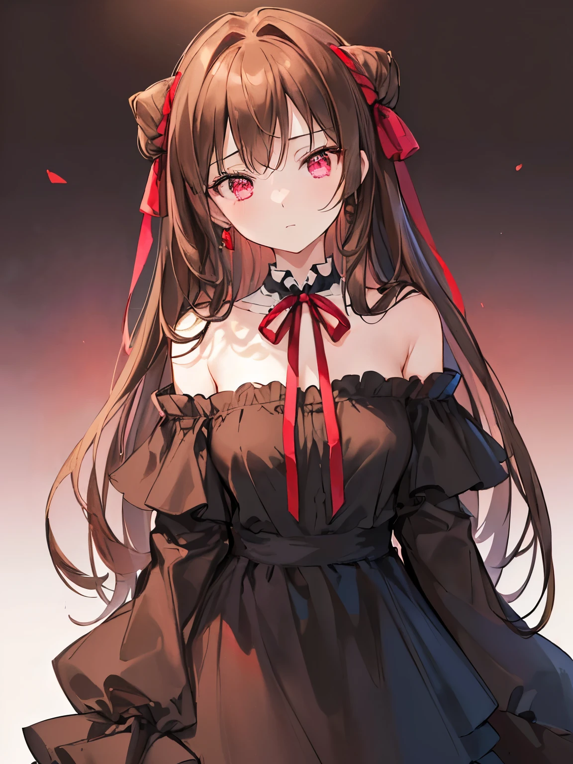 (Bestquality, Masterpiece), (An elegant girl , 1girl , solo, "black Dress", off-the-shoulder ,  ( "Gradient Brown hair", Very Long-haired, Red ribbon,) , Gradient Pink Eyes , Closed Mouth , Smile , Upper Body, close up , frontal photo ) , (White Background