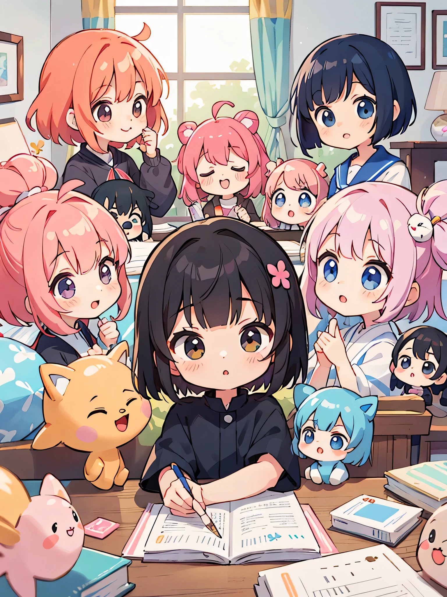Momoko Sakura style, Kawaii Design, (((10 people)))、most beautiful girl ever、Chibi, Colorful bob hair、((Lots of friends))、children's room、Study session together