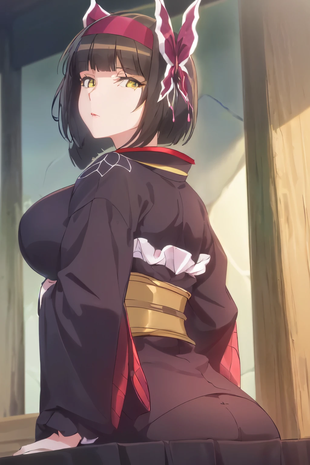 (masterpiece:1.2, highest quality), (Beautiful, detailed eyes: 1.2),glowing eyes,shiny skin,shiny lips,(Very detailed CG ,unity 8k wallpaper,masterpiece, highest quality, Very detailed),perfect anatomy,figure:0.8,,One girl, Sit on a bench,  my, big breasts, hair band, kimono,  Purple kimono , Black gloves, hair bow,spider web print, sash , heart, Hair Ribbon,  High Contrast, (Best lighting, Very delicate and beautiful),(Simple Background, Outdoor,  from the front),  View your viewers,Beautiful sparkle, (Beautifully detailed face, Beautiful fine details)