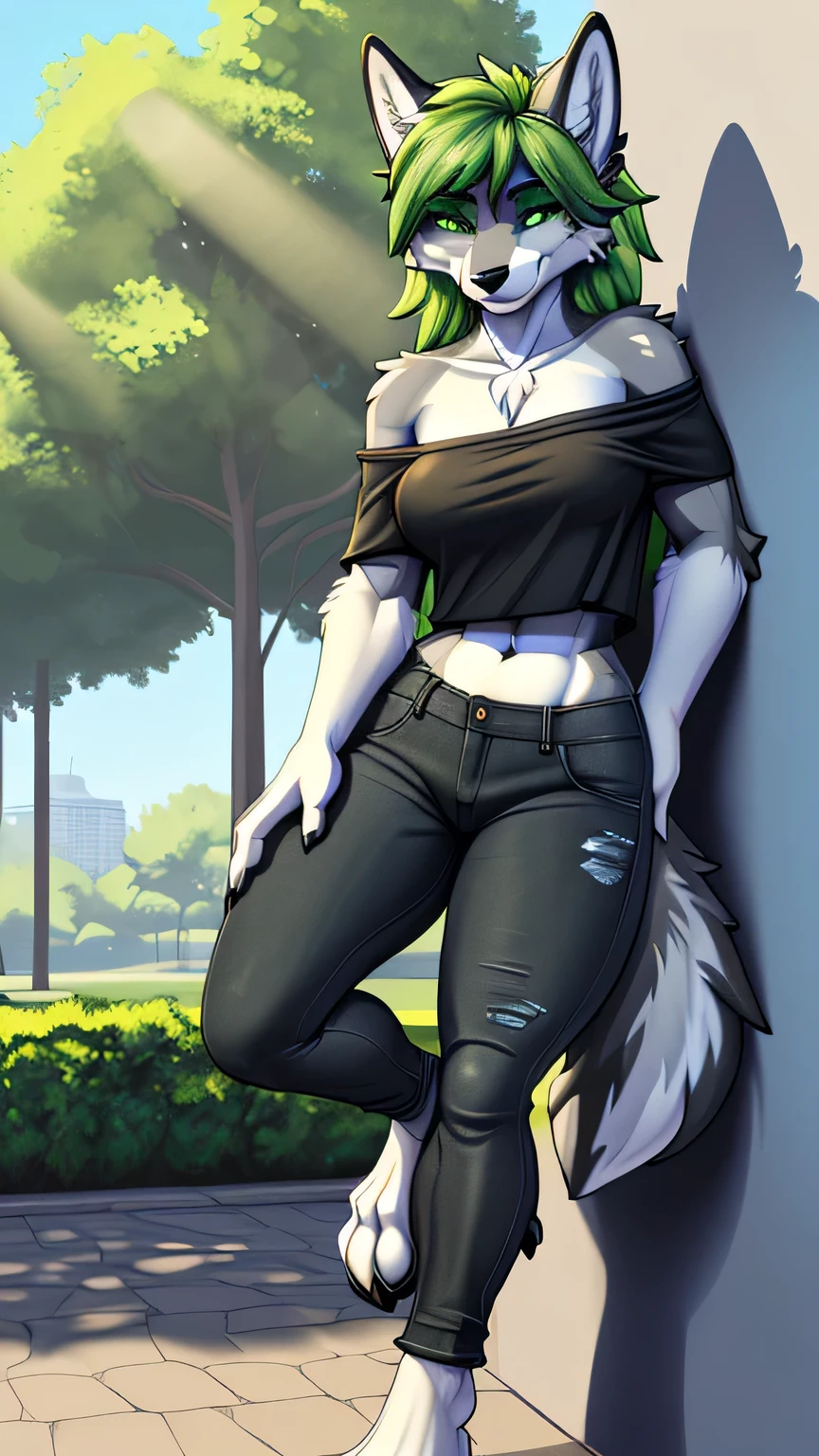 [Uploaded to .com; (@rayjayes), (@shexyoart), (@foxovh)], ((masterpiece)), ((solo portrait)), ((beautiful view)), ((full body)), ((feet visible)), ( (furry; anthro wolf)), ((detailed fur)), ((detailed shading)), ((beautiful rendering)), ((cel shading)), ((intricate details)), {anthro wolf; gray fur, long messy white and green hair, black nose, (cute green eyes), (seductive look), (half closed eyes), (smug grin), (athletic body), (defined muscles), (beautiful legs), (nice feet), (black claws), (curvaceous hips)}, {(green off-shoulder top), (midriff), (black tight jeans)}, {(leaning on wall), (hands behind back)} [background; (park), (blue sky), (sun rays)]