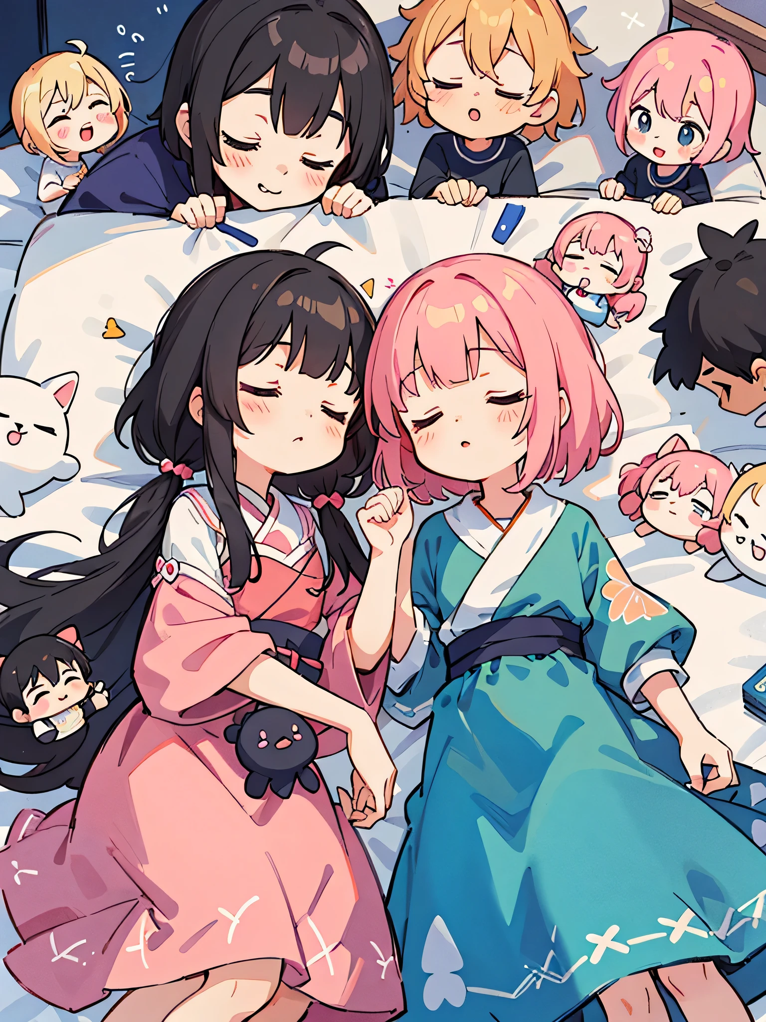 Momoko Sakura style, Kawaii Design, (((10 people)))、most beautiful girl ever、Chibi, Colorful bob hair、((Lots of friends))、children&#39;s room、(((Sleeping together as a family)))