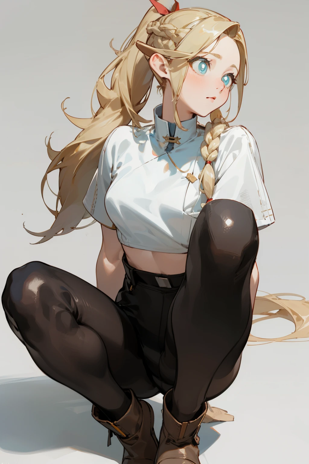 Pantyhose，Tight leather pants，White top，boots， Fashion Clothing，Long blond hair，Single ponytail，high ponytail， bust and waist，Beautiful blonde，（masterpiece），（（best quality）），（Ultra Detailed），（beautiful eyes beautiful details eyes，Clean and delicate face）