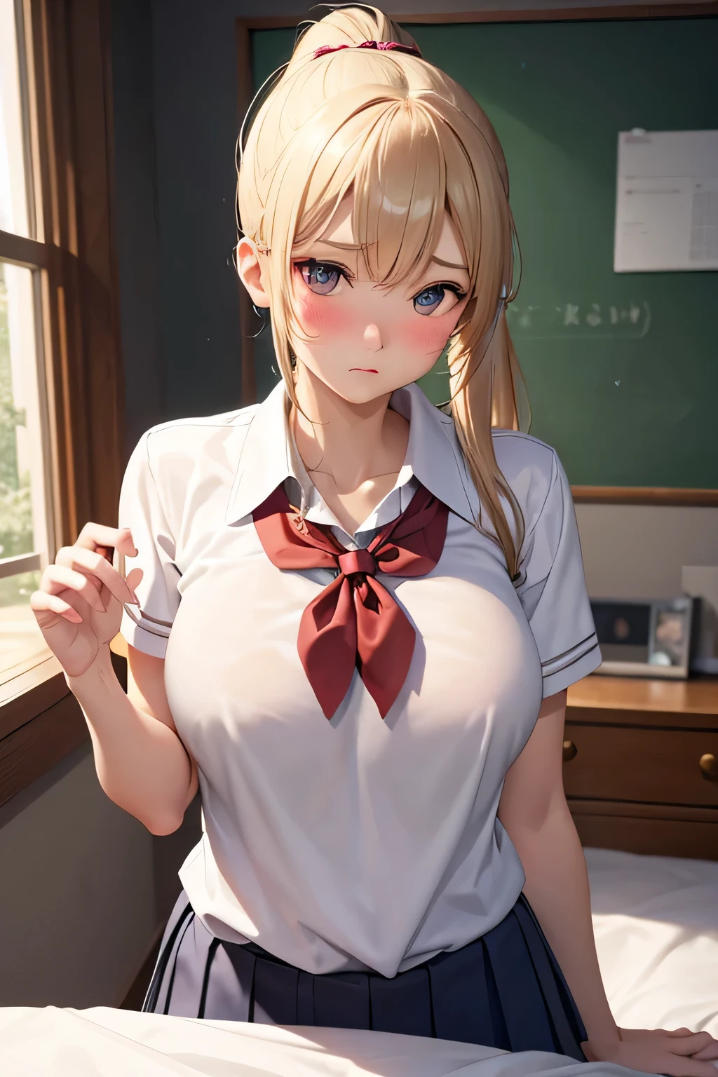 Mastepiece、masterpiece、highest quality、Super detailed、High resolution、8K Portrait、High definition CG of Unity 8k wallpaper、Cute little:1.5、Loli:1.5、Highly detailed CG Unity 8k wallpaper、Realistic、Real person、 Portrait Photography、Shiny skin、High definition、(16 years old:1.2)、(1 girl)、beautiful clear eyes、extremely detailed description、Delicate face、Nice lips、Slim body、(thin waist)、Thin legs、(bed room:1.6)、1 Girl, Cute, Perfect Face, seriously, (blush:1.5),(Blonde Ponytail:1.3),(big breasts:1.3),((school uniform:1.3)),(looking at view),(from front),(disapproval face:1.5),(Strike a Pose:1.2)
