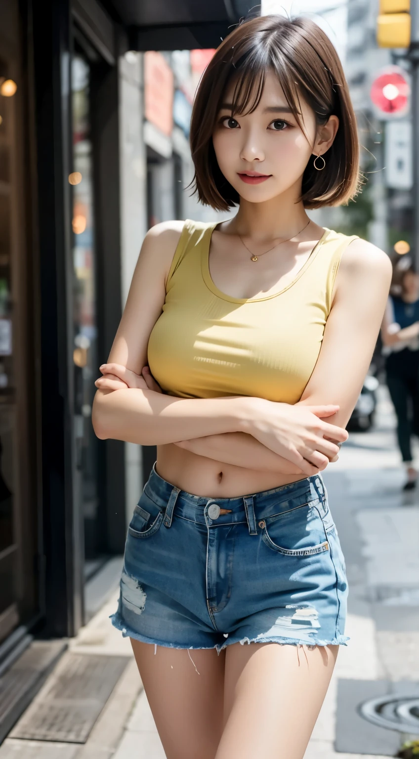 highest quality、 1 people、Mid-breasted、Tag、shine、Blur the background、Bokeh Depth of Field、Open Cafe)、(people々、大勢のpeople:1)、A sticky ivory colored crop top and denim shorts that tightly hugged her sweaty body、Distressed jeans、Slender、Gorgeous(short hair、amount:1.4)、Serme、Beautiful sky in every detail、Earrings、 (Knee:1.2)、Soft lighting、Wind、Glowing Skin、
