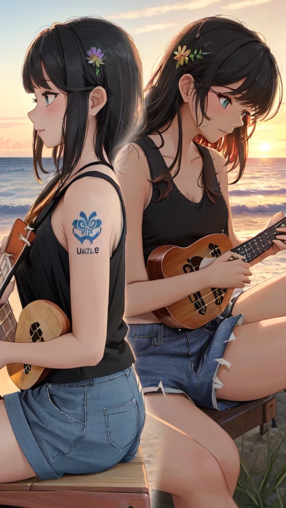 (masterpiece, best quality, ultra detailed, ultra high resolusion, highres,8k:1.4), BREAK,(from side:1.2), 20_years_old, 1giri,  (sitting-on-the-edge-of-the-waves:1.3), (playing-ukulele:1.6), smile, beach, (looking away:1.7), (dark_skin:1.2),(tribal_tatoo:1.2),(wavy hairs),(messy hair),(asymmetry bangs),(multicolored hair), 
Tsurime Eyes, (((blue eyes))),
((flower hair ornament)),(shortpants,tanktop:1.4), (sunset:1.3), 