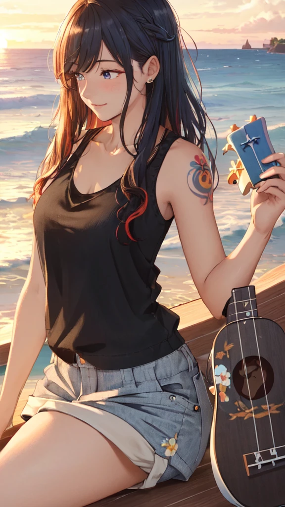 (masterpiece, best quality, ultra detailed, ultra high resolusion, highres,8k:1.4), BREAK,(from side:1.2), 20_years_old, 1giri, (sitting-on-the-edge-of-the-waves:1.3), (playing-ukulele:1.6), smile, beach, (looking away:1.7), (dark_skin:1.2),(tribal_tatoo:1.2),(wavy hairs),(messy hair),(asymmetry bangs),(multicolored hair),
Tsurime Eyes, (((blue eyes))),
((flower hair ornament)),(shortpants,tanktop:1.4), (sunset:1.3),