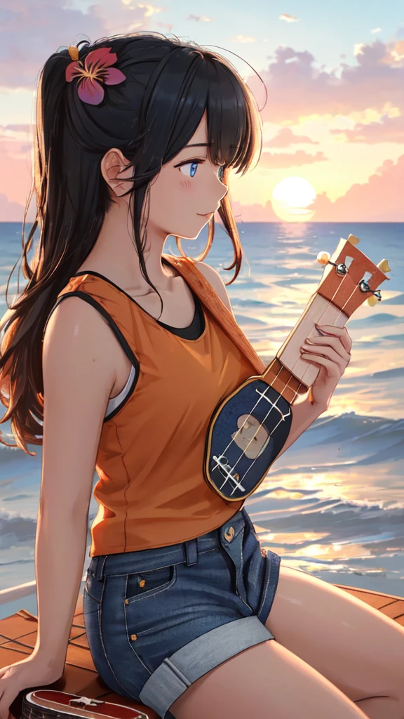 (masterpiece, best quality, ultra detailed, ultra high resolusion, highres,8k:1.4), BREAK,(from side:1.2), 20_years_old, 1giri, (sitting-on-the-edge-of-the-waves:1.3), (playing-ukulele:1.6), smile, beach, (looking away:1.7), (dark_skin:1.2),(tribal_tatoo:1.2),(wavy hairs),(messy hair),(asymmetry bangs),(multicolored hair),
Tsurime Eyes, (((blue eyes))),
((flower hair ornament)),(shortpants,tanktop:1.4), (sunset:1.3),