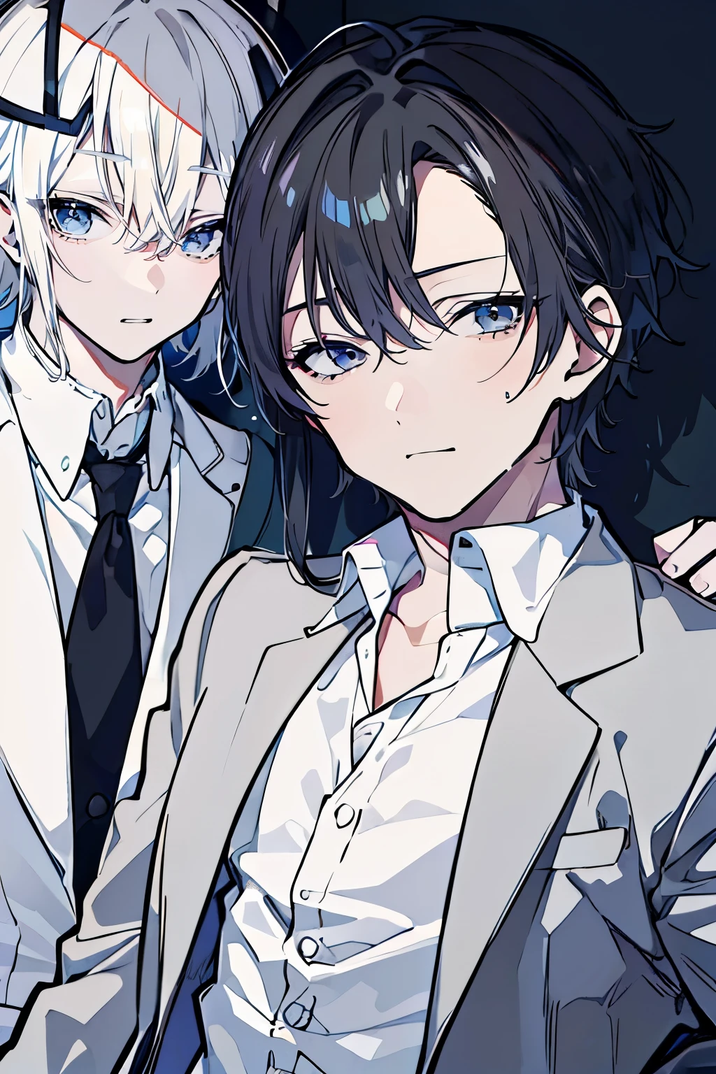(Mastepiece), (Best Quality), Very detailed, ((Two friendly men)), Perfect Face, Beautiful Face, Very detailed顔,(Black-haired man:1.3),(white haired man:1.3),suit,shirt