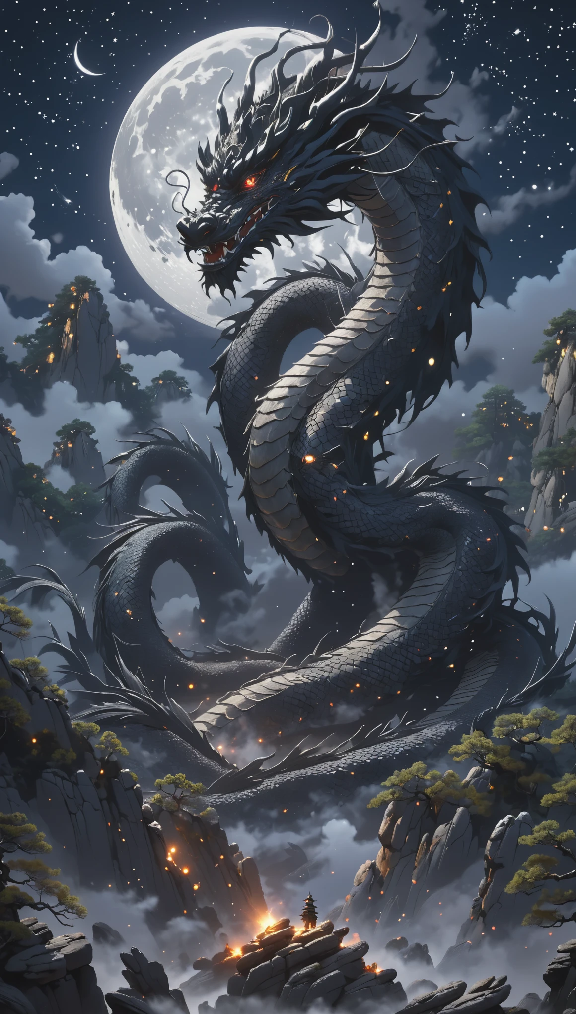 hd, 4K, figure, Donjon and Dragon Art,
In rocky land, (Mountain rocks, cliff :0.8), darkness, Starry night view, Background tree々, moon:0.2. Stand in front (1 Giant Black Chinese Dragon Spirit) Nose up , look up, 側面figure, profile view, Floating in the air, In the dark fog:0.9, cigarette:0.4, flying debris, Wide and dark aura, dark energy, Shining Eyes, coming from darkness)