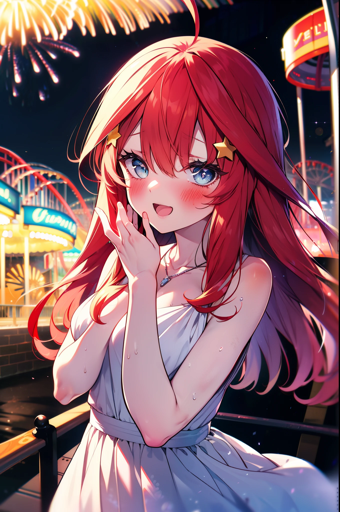 itsukinakano, Itsuki Nakano, bangs, blue eyes, Hair between the eyes, Ahoge, Redhead, star \(symbol\), hair ornaments, star hair ornaments,smile,blush,happy atmosphere,
(Great Laugh:1.1), (Open your mouth:1.1), Sun glare, Bokeh, Written boundary depth, blurred background, Particles of light, Strong winds, White long skirt integrated dress,Exposing shoulders,bare clavicle,Bare neck,Bare arms,Cute Sandals,slouch,Look up,night,moonlight,star,romantic,Heart Necklace,amusement park, roller coaster, carousel, Bumper Car, Ferris wheel, water park,firework, break looking at viewer, Upper Body, whole body,(Cowboy Shot:1. 3) break outdoors, amusement park break (masterpiece:1.2), highest quality, High resolution, unity 8k wallpaper, (shape:0.8), (Fine and beautiful eyes:1.6), Highly detailed face, Perfect lighting, Highly detailed CG, (Perfect hands, Perfect Anatomy),
