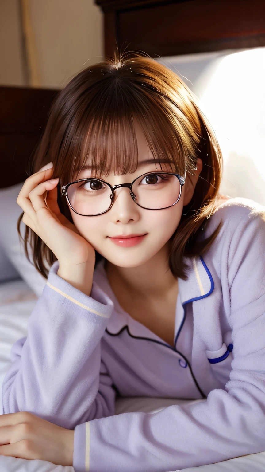 masterpiece、highest quality、Cute face, Realistic 8K, （Glasses）, Lying in bed,Light pajamas