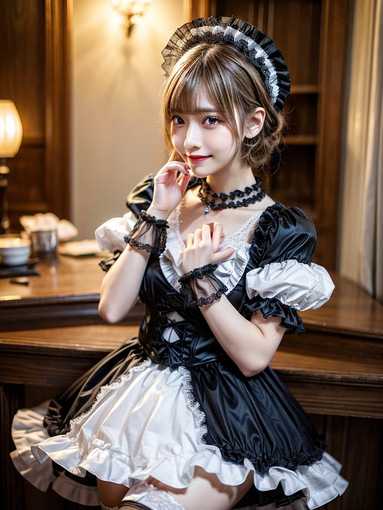 (8K, Photorealistic, Raw photo, of the highest quality: 1.3), (1girl in), Super beautiful, (Realistic face), (boyish, Silver Color Berry Shorthair), Beautiful , Glare that captivates the viewer, Beautiful expression, Beautiful breasts, (Realistic skin), Be...Super high quality, super high definition, super detailed, masterpiece, 20years old, female, cute, perfect face, beautiful, nice body, gothic ta clothes, gothic loliashion, frilly skirt, headdress, necklace, bracelet, knee-high socks, boots, double eyelids, tear bags, Detailed down to the fingers, photo-like description, indoors, dim indoor lighting, blonde hair, short bob, standing, whole body, composition that shows the whole body, smiling