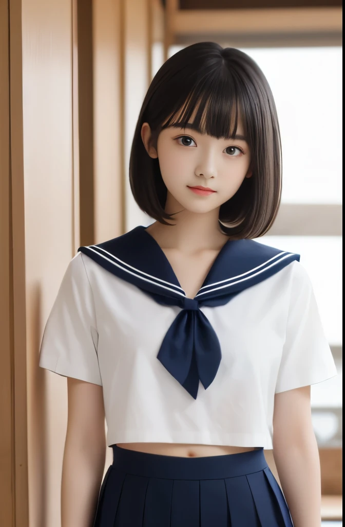 highest quality,Photo quality,Ultra-high resolution,Professional Lighting,16 years old,beautiful actress,Thin face,Healthy complexion,Japanese,Black Hair,（Short bangs),Medium Hair,(Sailor suit:1.1),Natural Makeup,(navel),Narrow waist,mini skirt,