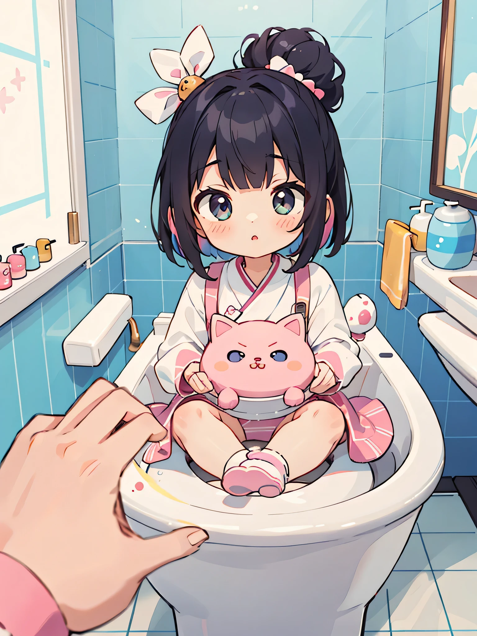 Momoko Sakura style, Kawaii Design, most beautiful girl ever、Chibi, Colorful bob hair、((Lots of friends))、(((Toilet together)))