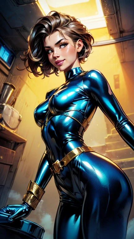 (best quality, 8k, masterpiece, ultra-detailed),super hero Woman 32 years-old,black short hair,beautiful detailed face, big eyelashes,little smile,small breasts,minimum waist,golden armlets,((((blue latex suit)))),gold belt,futuristic spaceship scenario,(((dynamic angle)))