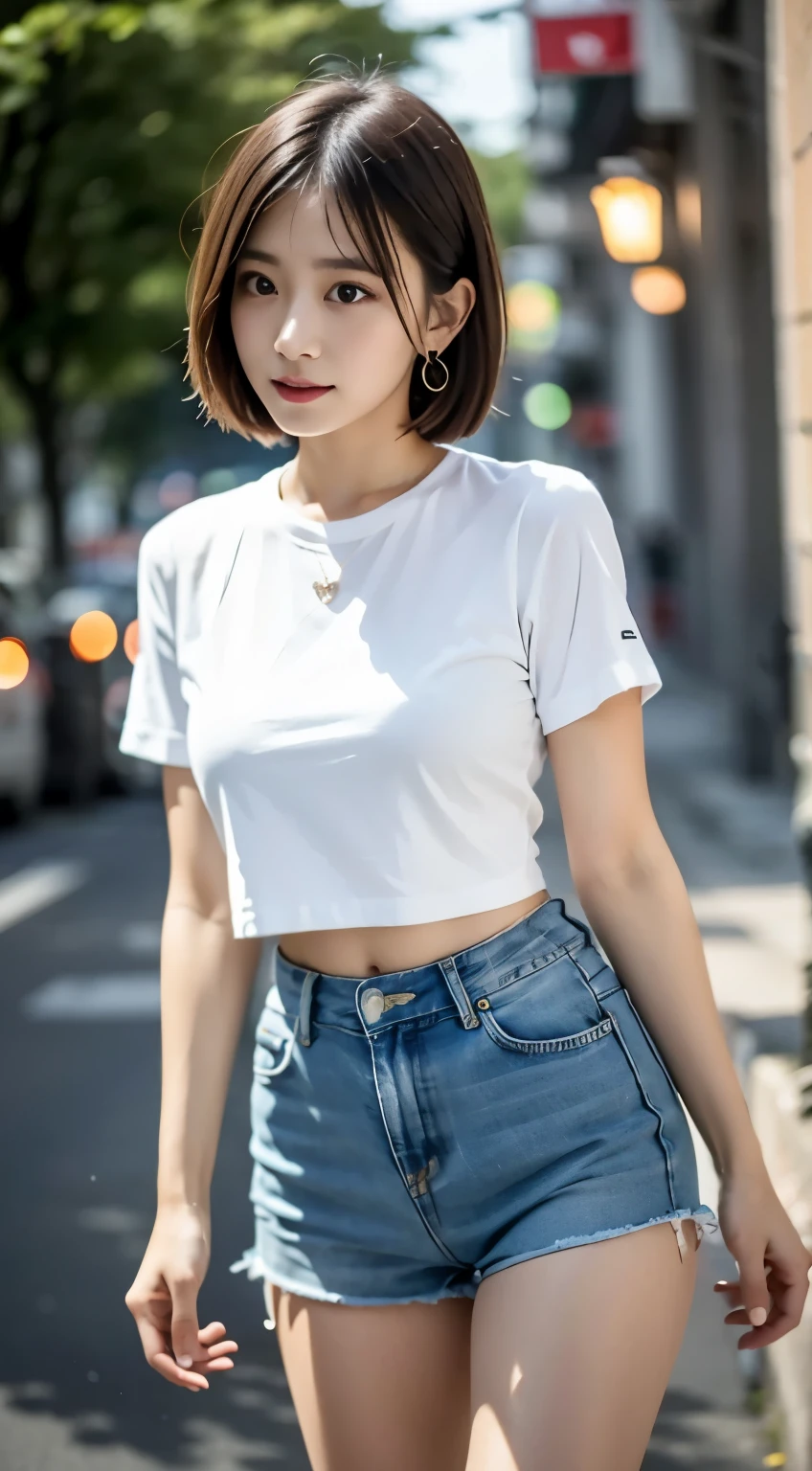 highest quality、女の子 1 people、Mid-breasted、Tag、shine、Blur the background、Bokeh Depth of Field、Open Cafe)、(people々、大勢のpeople:1)、A sticky ivory colored crop top and denim shorts that tightly hugged her sweaty body、Distressed jeans、Slender、Gorgeous(short hair、amount:1.4)、Serme、Beautiful sky in every detail、Earrings、 (Knee:1.2)、Soft lighting、Wind、Glowing Skin、