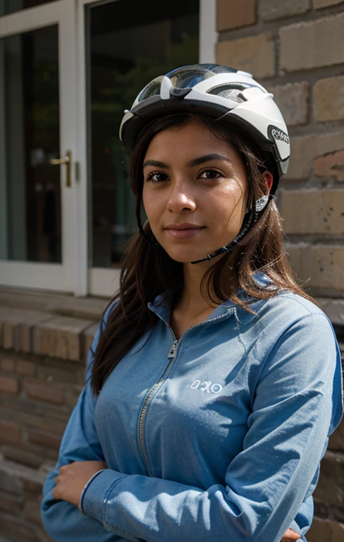 Chica casual, un poco fea, ciclista y con casco