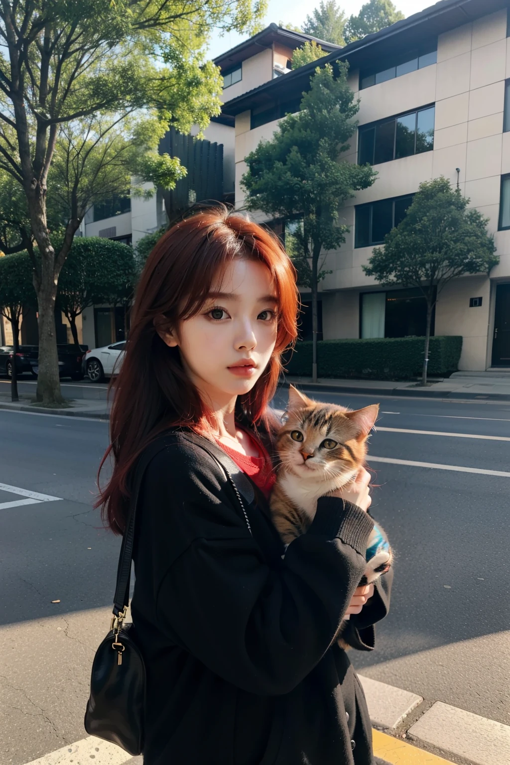 ((best quality)), ((masterpiece)), (detailed), perfect face, Close up of person holding cat on street, Best Face, with red hair, Doyoung Kim, Jinyoung Shin, very beautiful cute cat, random pose,