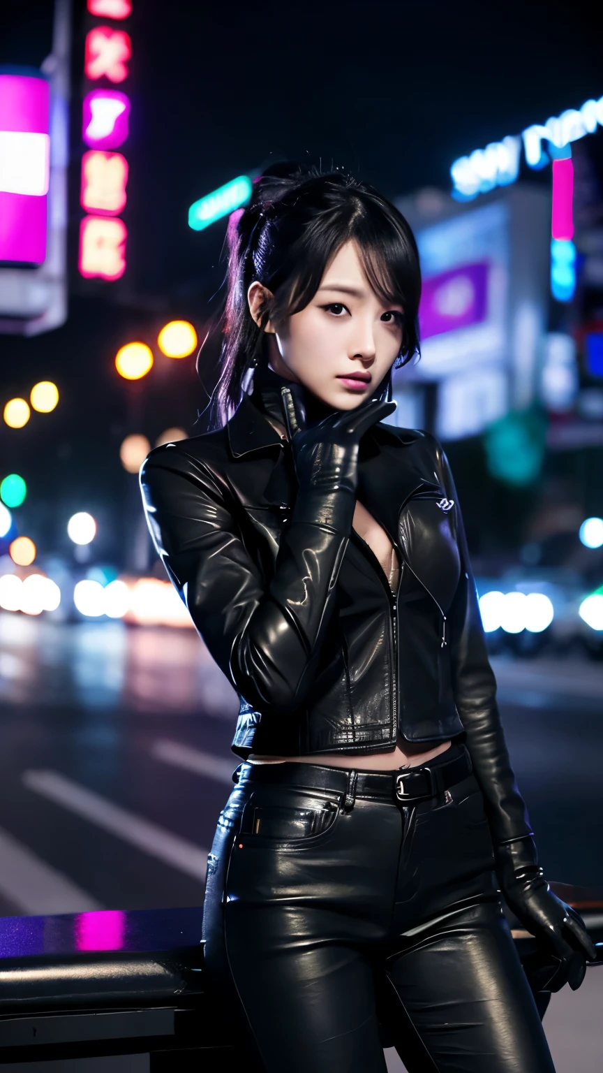 black leather rider jacket, office in the dark, Fingertips of black leather gloves on both hands,wearing black leather gloves,sitting in a black leather chair、 Japanese female new employee (black leather gloves cover both hands) (The angle is horizontal)、black leather leather pants,black leather black leather pants,black leather skinny pants、Long black leather boots on both feet、black hair ponytail ((He wears black leather gloves on his hands))Full Body Photo,full body shot full body full body leather suit,☺If you turn in this direction。wearing black leather gloves,wearing black leather gloves,wearing black leather gloves,wearing black leather gloves,wearing black leather gloves,wearing black leather gloves,黒のレザーパンツが美しい😍黒のレザーパンツが美しい😍黒のレザーパンツが美しい,😍I'm smiling while looking at you,City lights、((Neon Cyberpunk City Street:1.3))、(Neon Light)、Detailed lighting、
Best image quality、Ultra-high resolution、(realism:1.4)、korean beauty star、The most beautiful KPOP stars、face、horny korean makeup、A body that makes you want to touch it、Realistic leather texture、Costume made of smooth leather fabric、The drape of the curved parts of the leather fabric、The costume has a strong shine、costume quality、8K Photo Quality